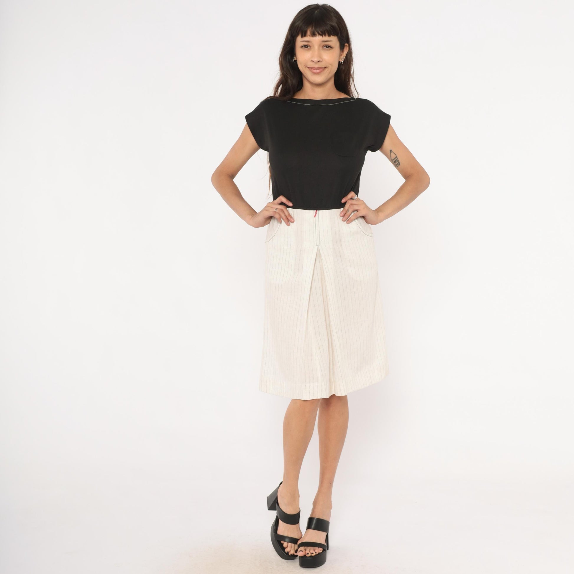 80s Melissa Petites Pinstripe Linen Knee-Length Skirt Cream Small S
