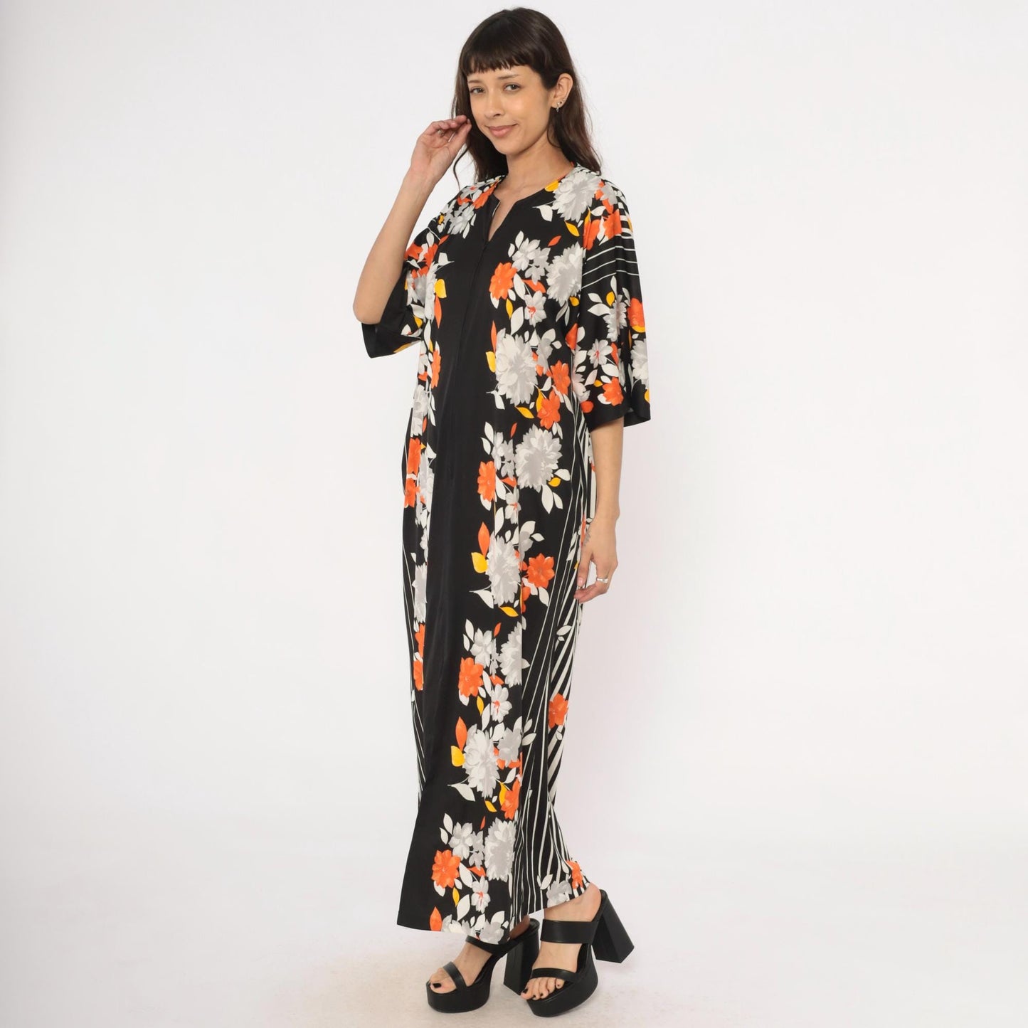 70s Miss Tique California Floral Kaftan Maxi Dress Black Orange Medium M