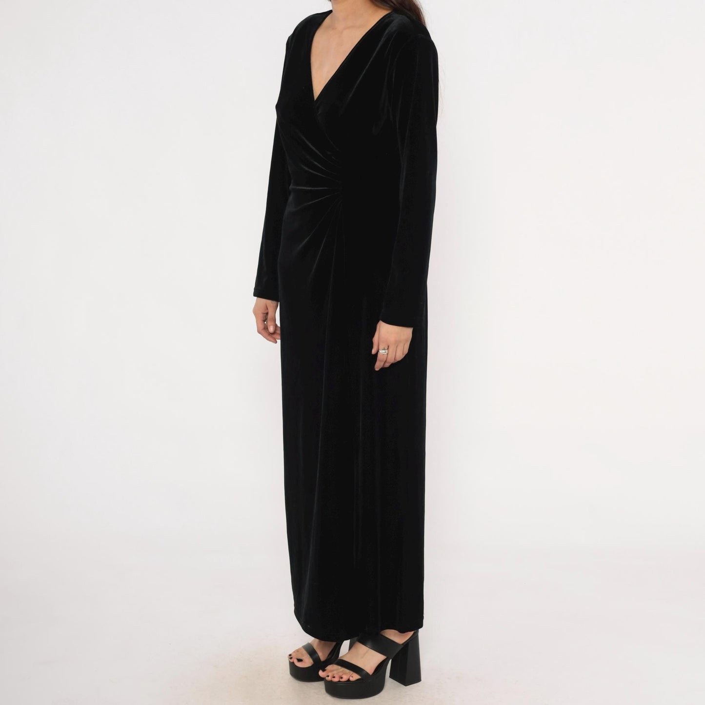 90s Robbie Bee Black Velvet Maxi Dress Surplice Neckline Long Sleeve Large L