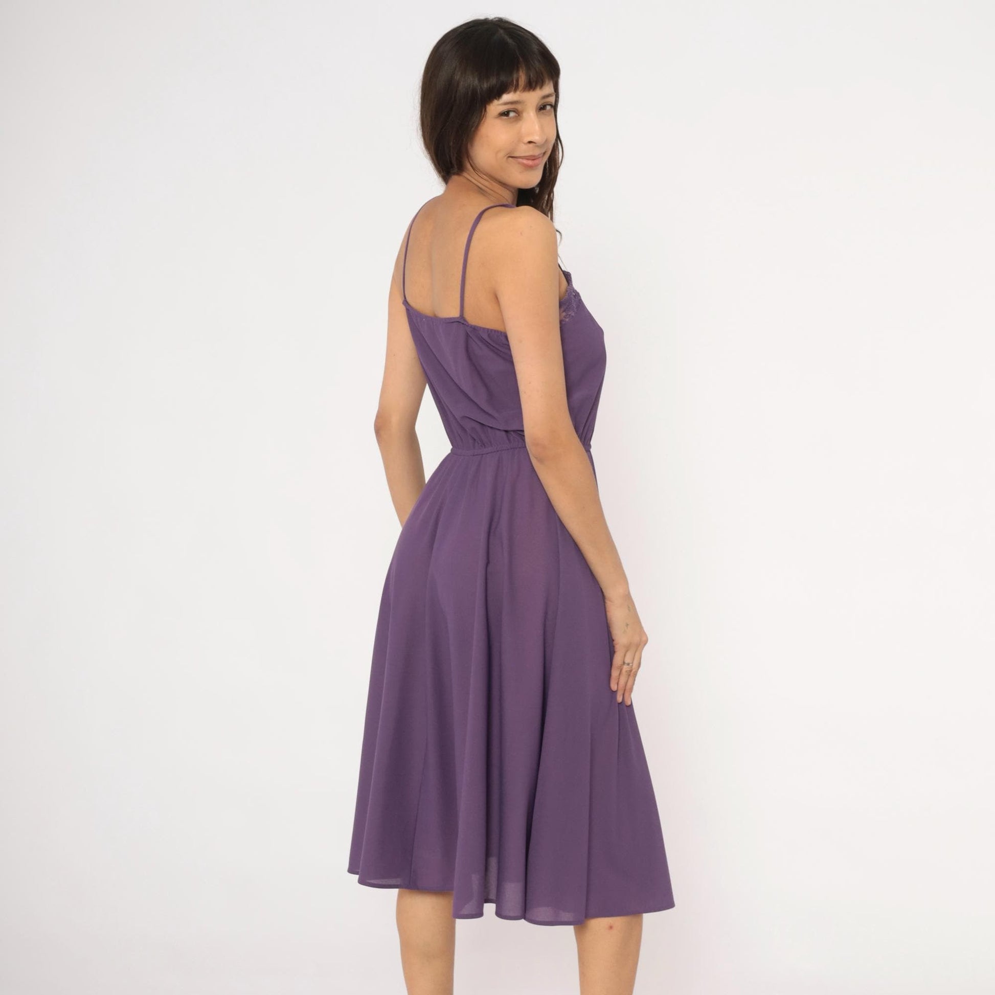 70s Purple Spaghetti Strap Dress Lace Trim Knee Length A-Line Small