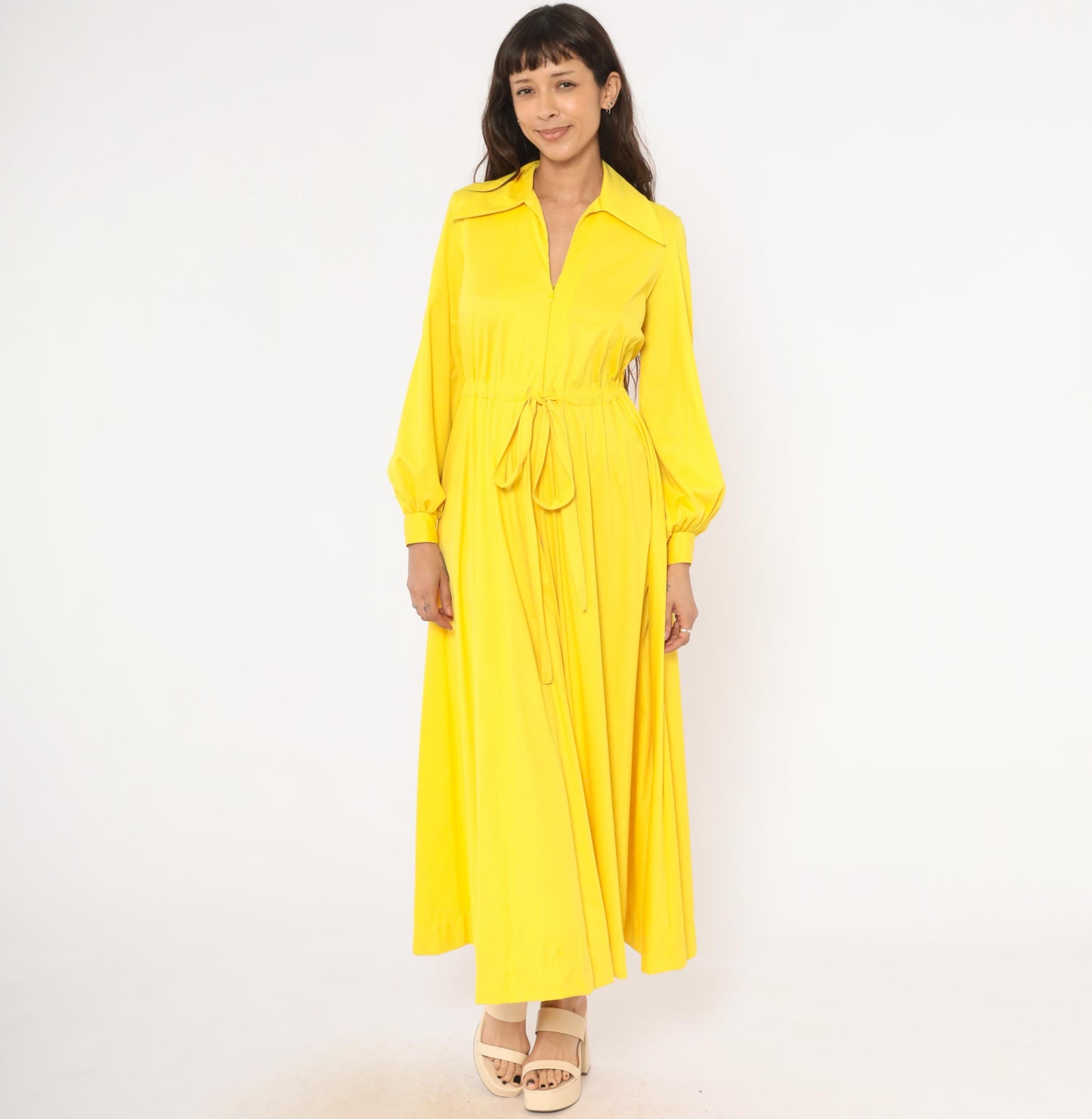 70s Vanity Fair Yellow Maxi Dress Balloon Sleeve Zip Front Gathered Skirt Medium