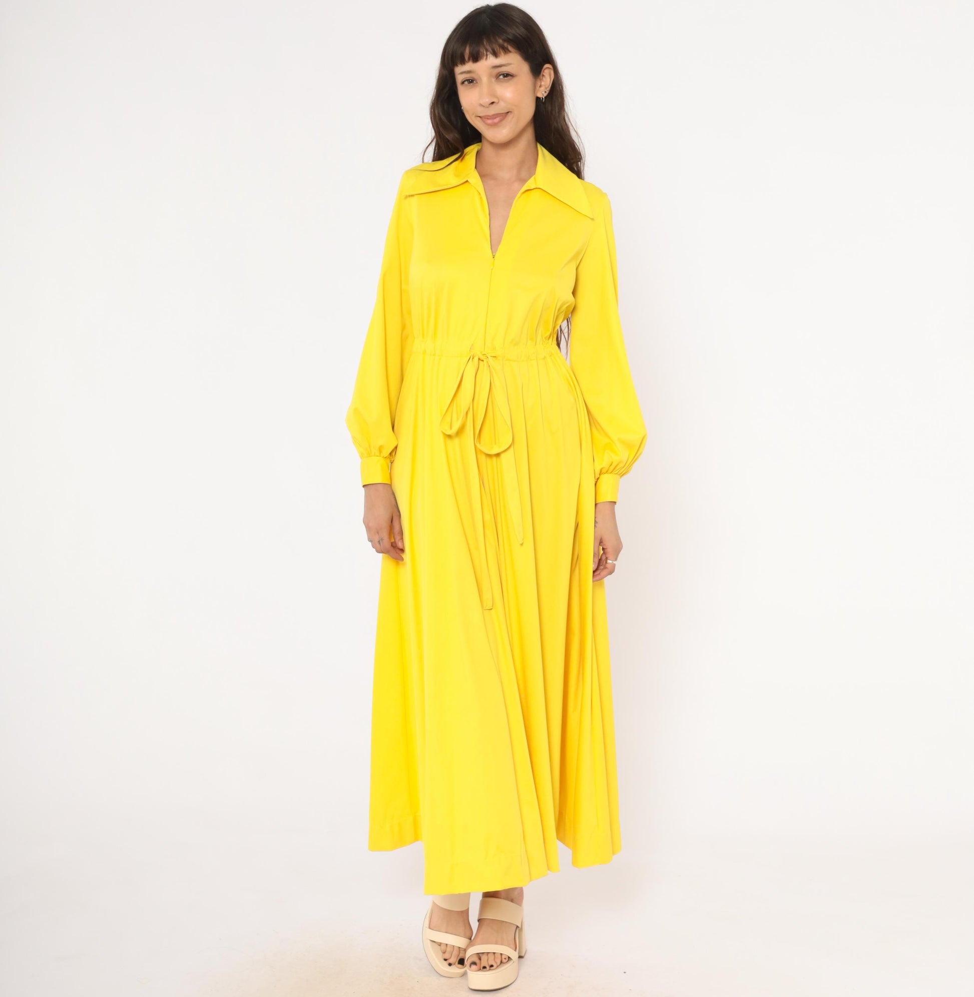 70s Vanity Fair Yellow Maxi Dress Balloon Sleeve Zip Front Gathered Skirt Medium