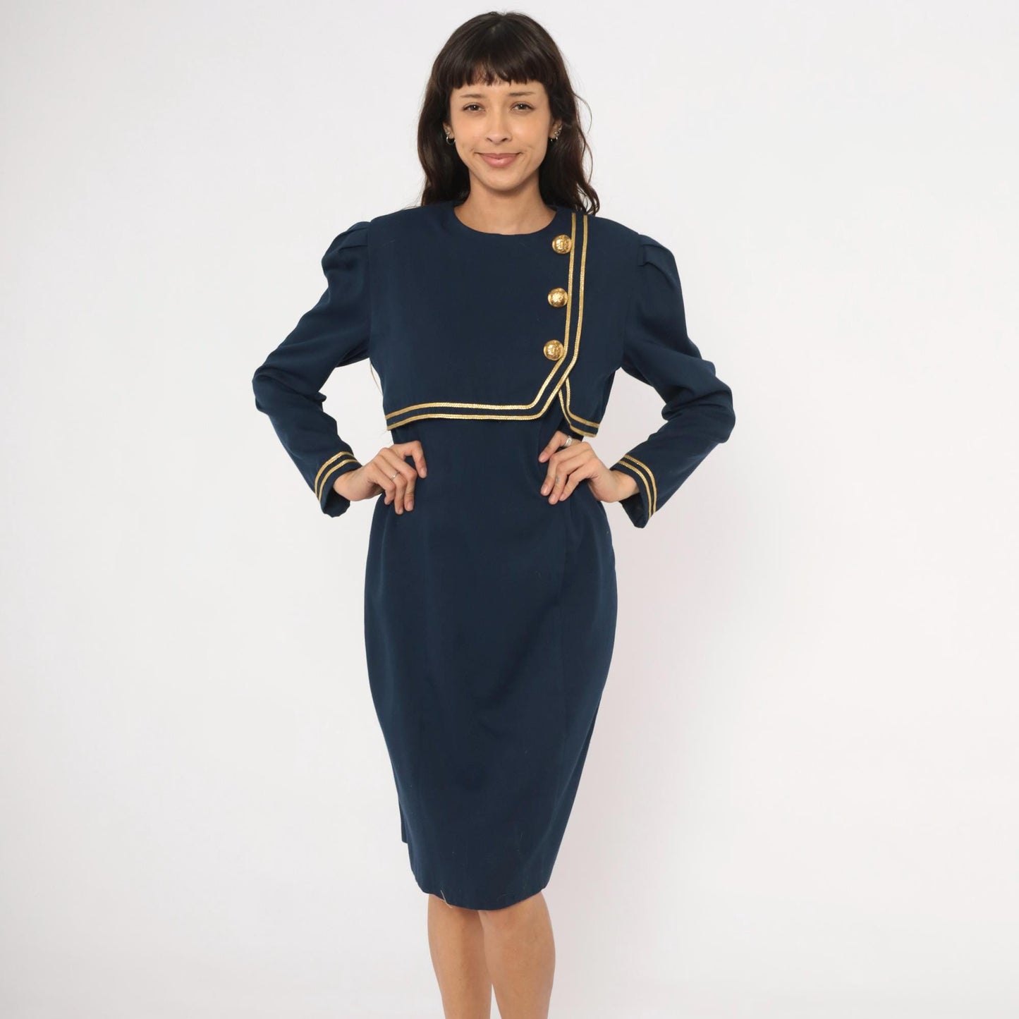 80s Jessica Howard Navy Dress Gold Braid Military Knee-Length Puff Sleeve Medium M