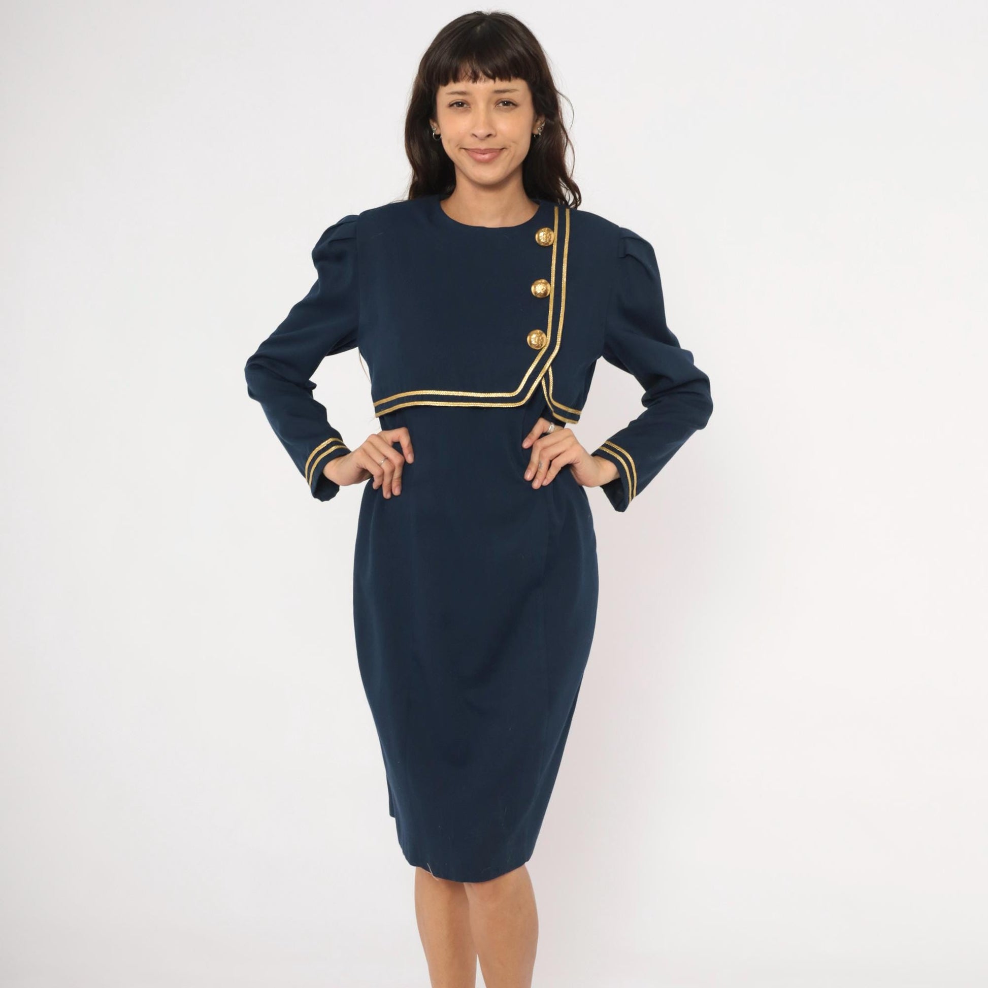 80s Jessica Howard Navy Dress Gold Braid Military Knee-Length Puff Sleeve Medium M