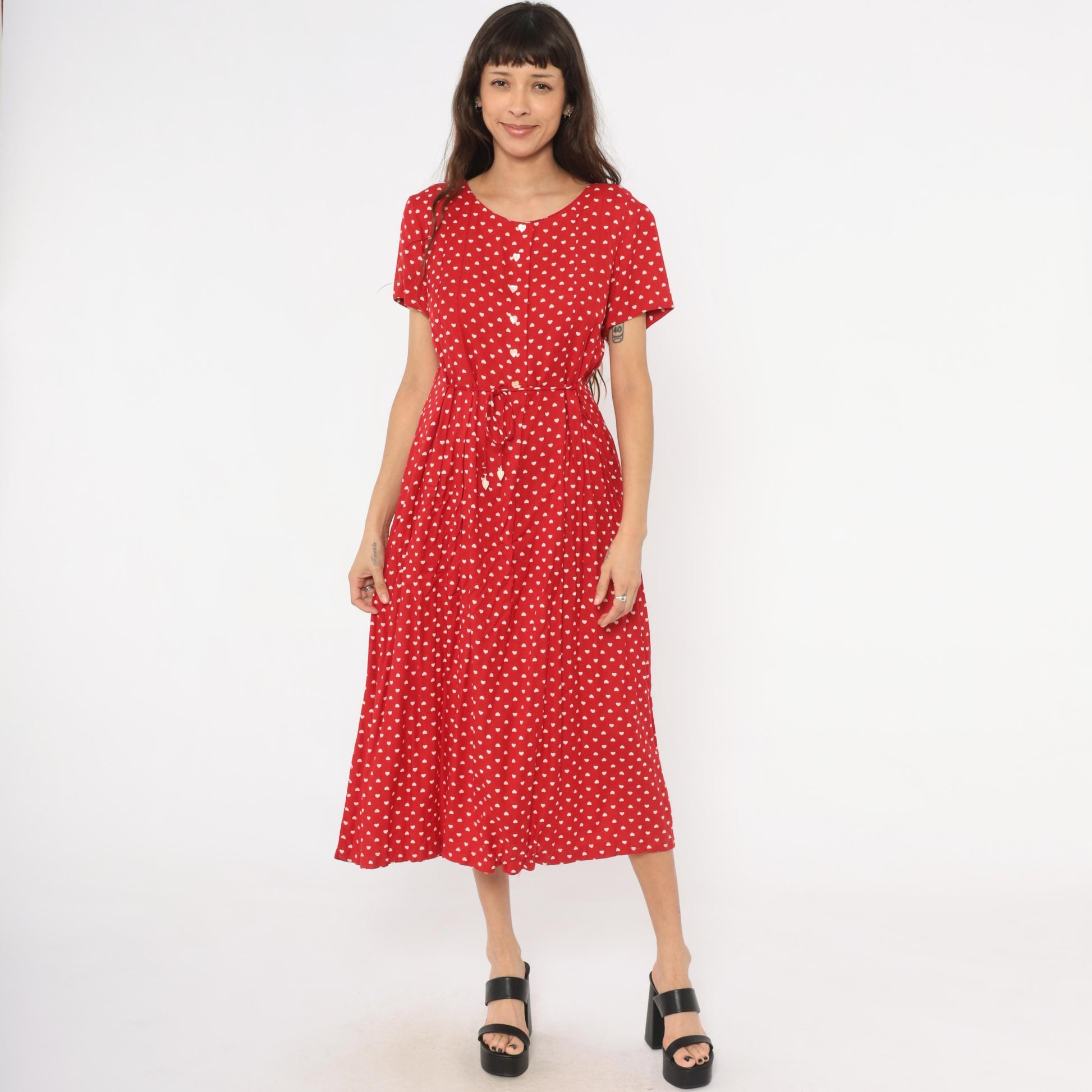 80s Sarah Elizabeth Red Heart Print Midi Dress Button Front Scoop Neck Medium M