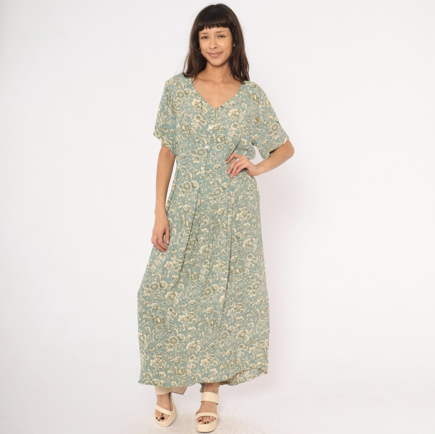 90s April Cornell Floral Maxi Dress Teal Cream V-Neck Short Sleeve Large L