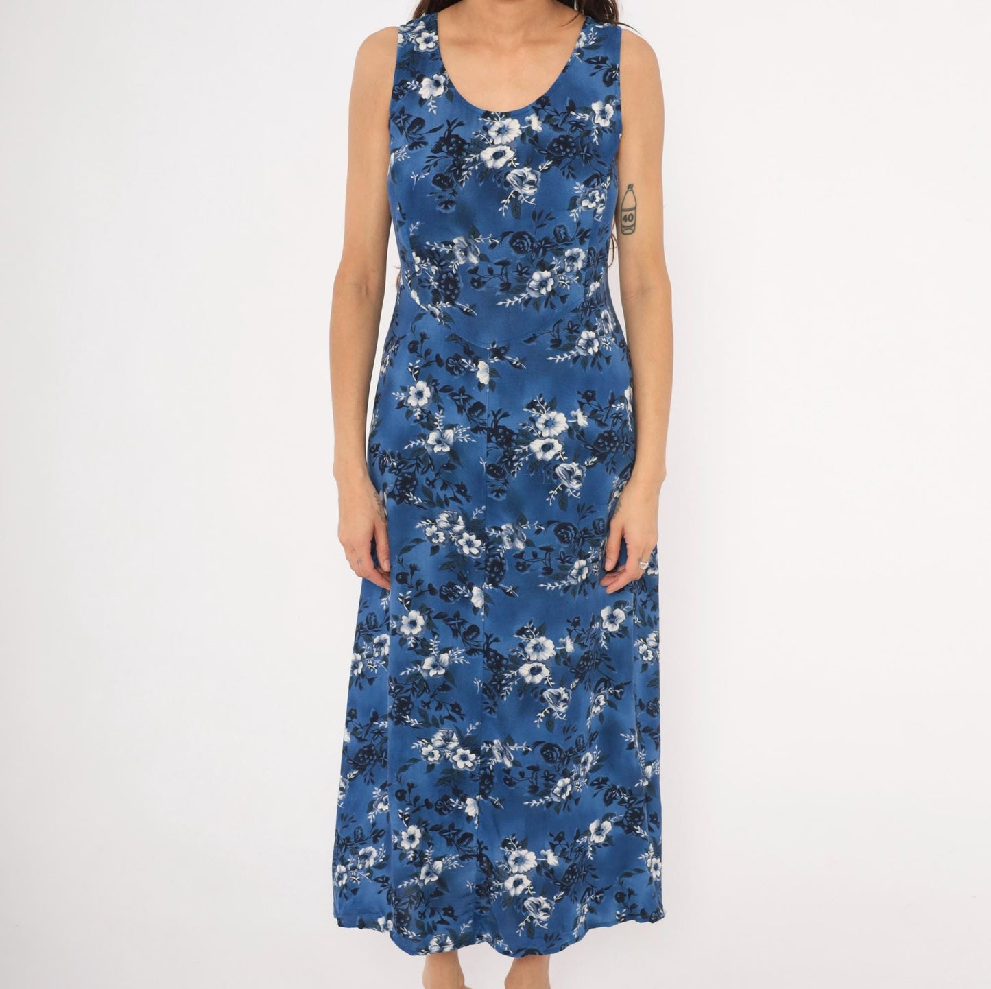 90s Molly Malloy Blue Floral Maxi Dress Sleeveless A-Line Small