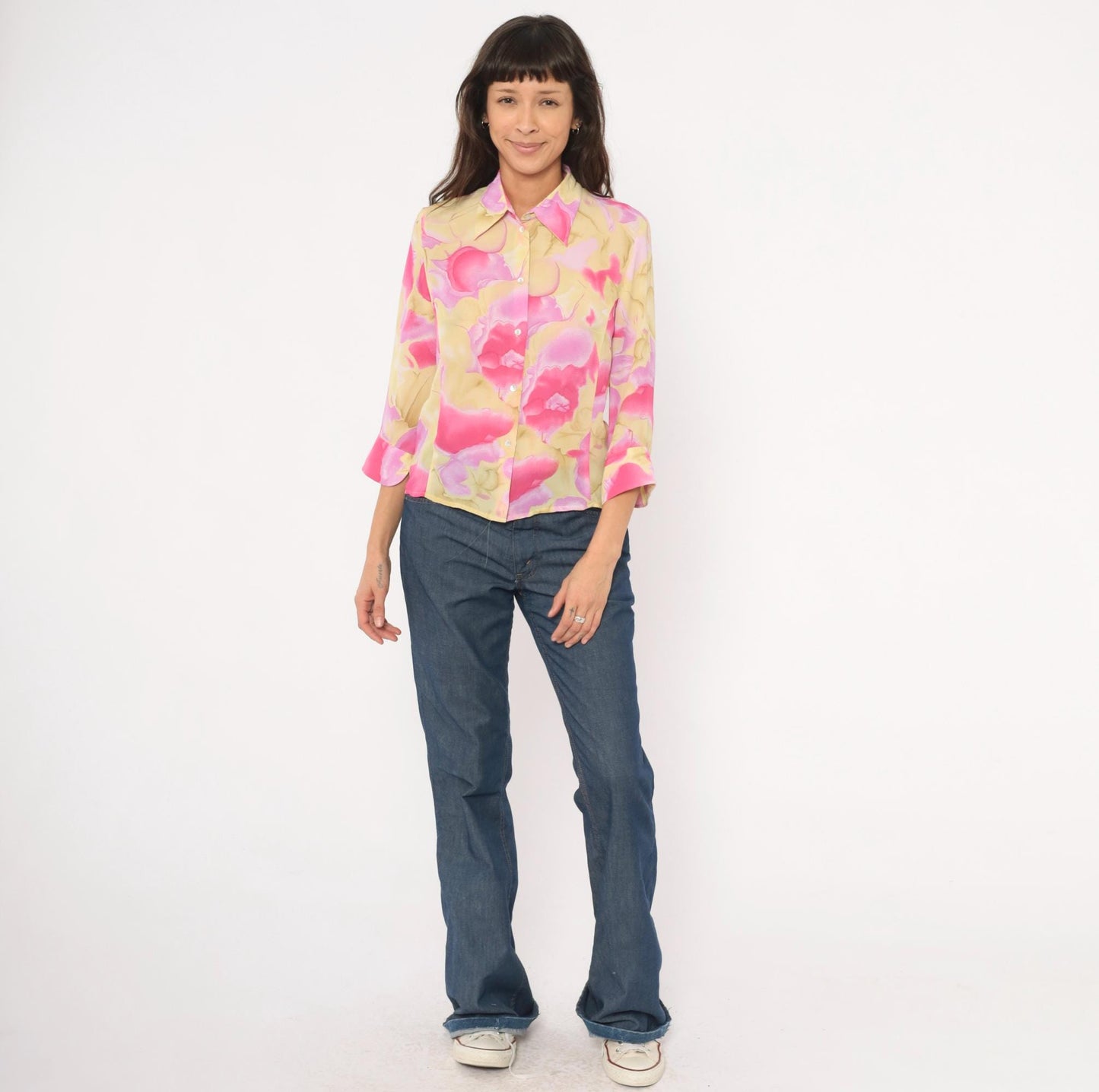 90s Caviar Watercolor Floral Sheer Blouse Pink Pointed Collar Small