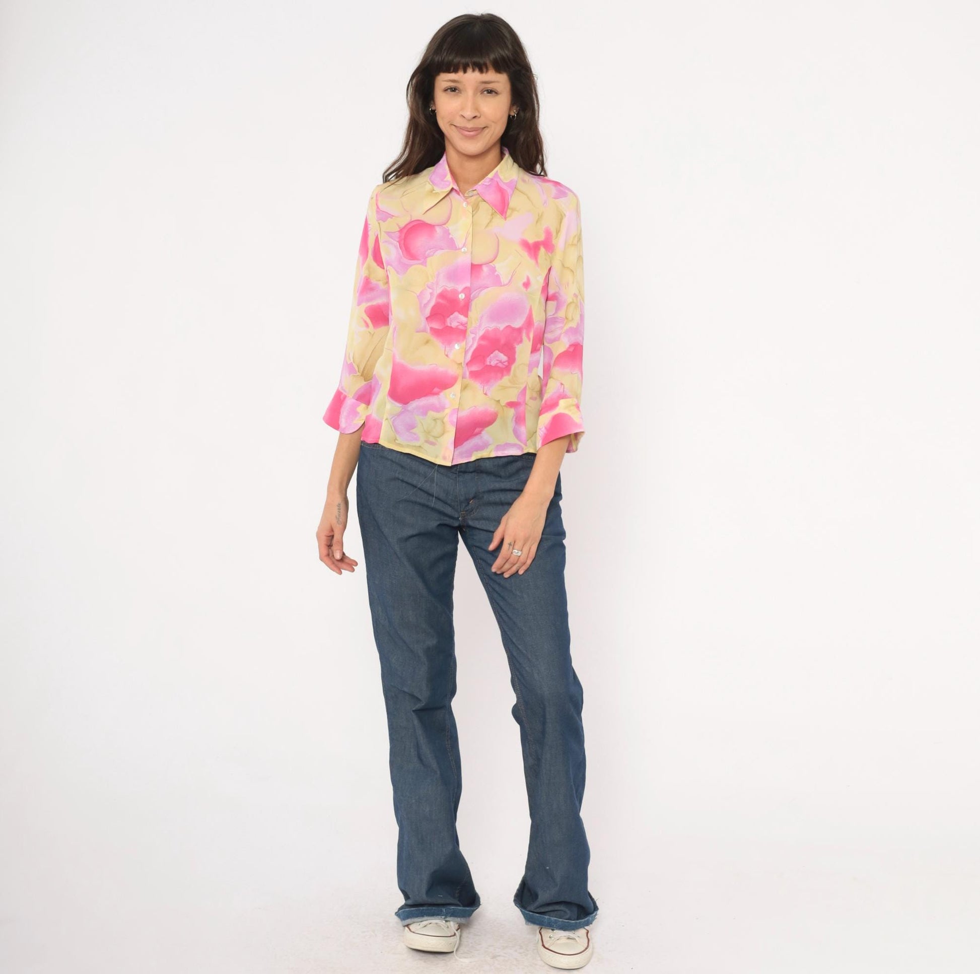 90s Caviar Watercolor Floral Sheer Blouse Pink Pointed Collar Small