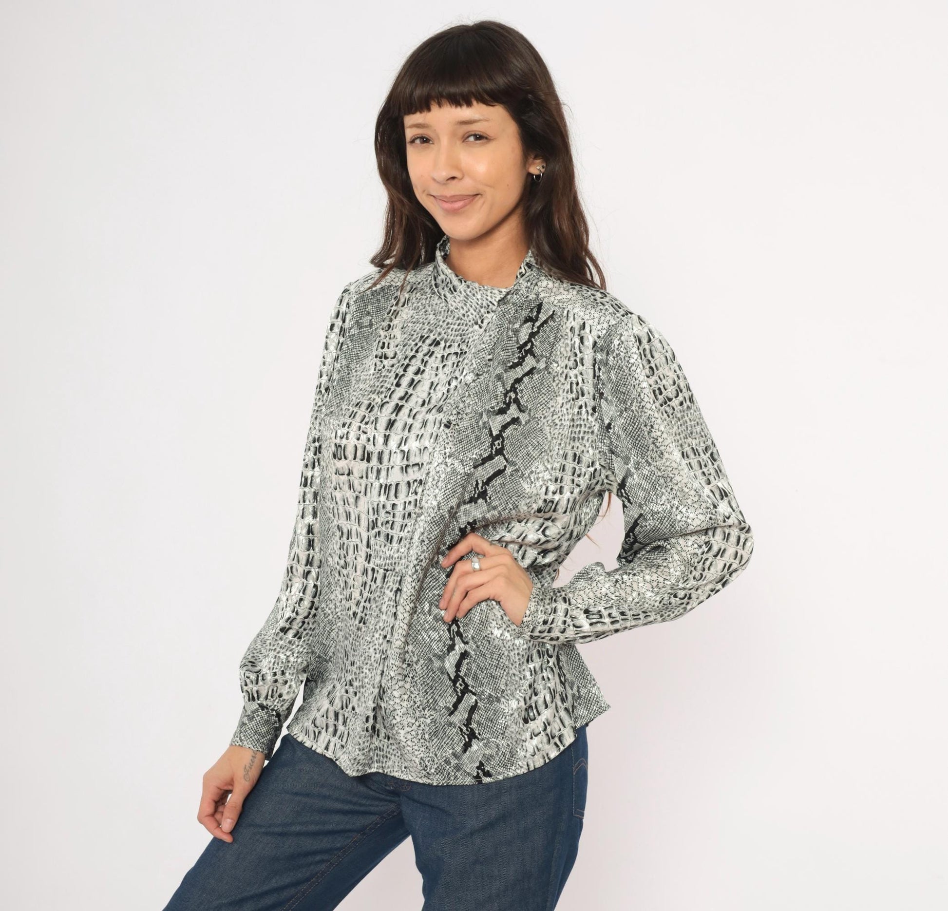 90s Tess Snakeskin Print Blouse Silver Grey Python Reptile Medium M