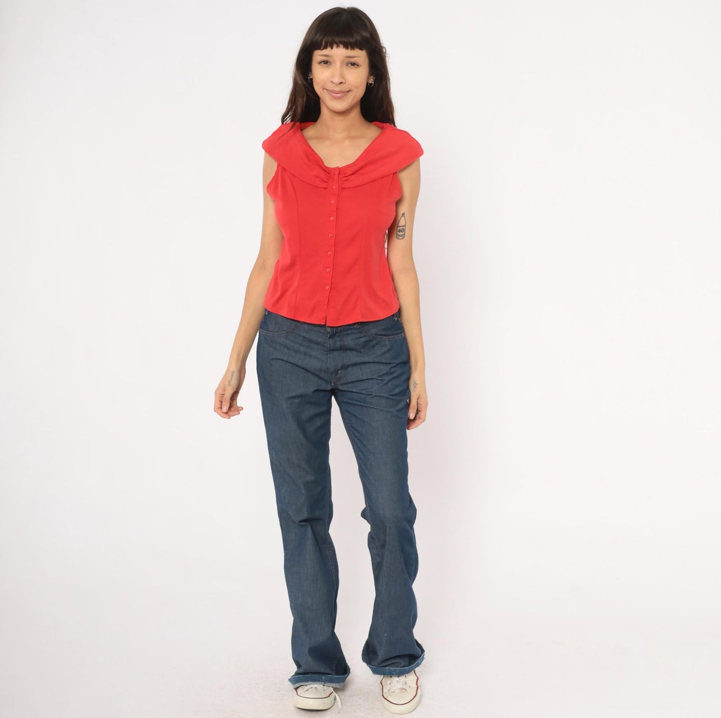 90s Dirty Dancing Red Button Front Blouse Cowl Neck Cap Sleeve Fitted Large L