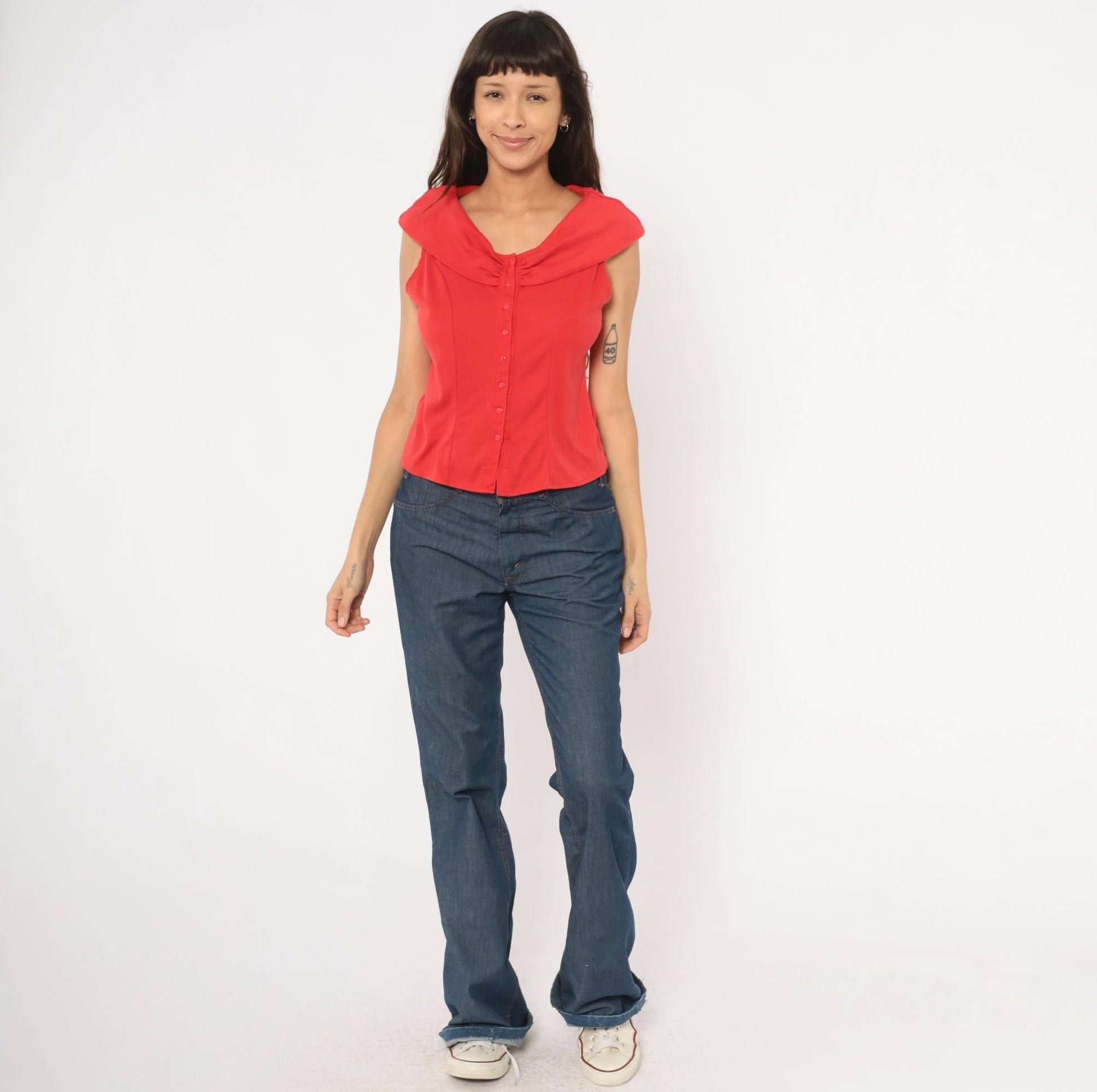 90s Dirty Dancing Red Button Front Blouse Cowl Neck Cap Sleeve Fitted Large L