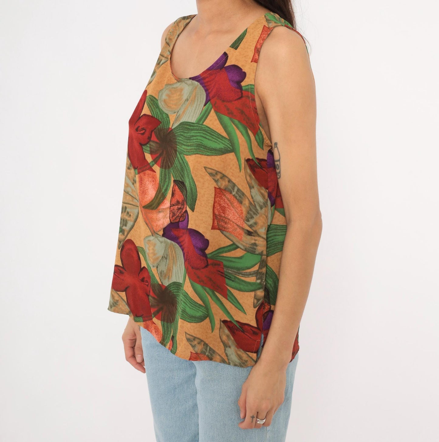 90s Halston Floral Tank Top Tropical Print Sand Medium Large