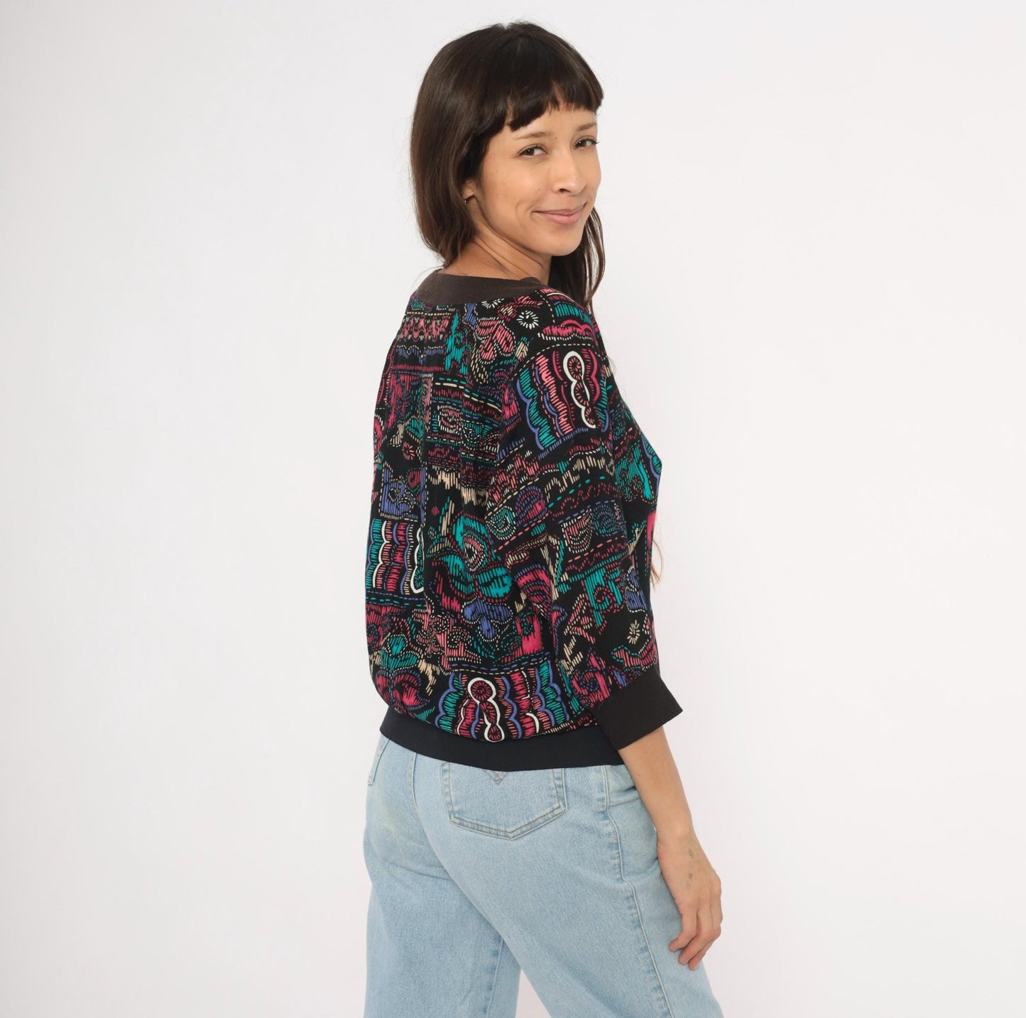 90s Abstract Pullover Blouse Boat Neck Teal Pink Black Graphic Medium M