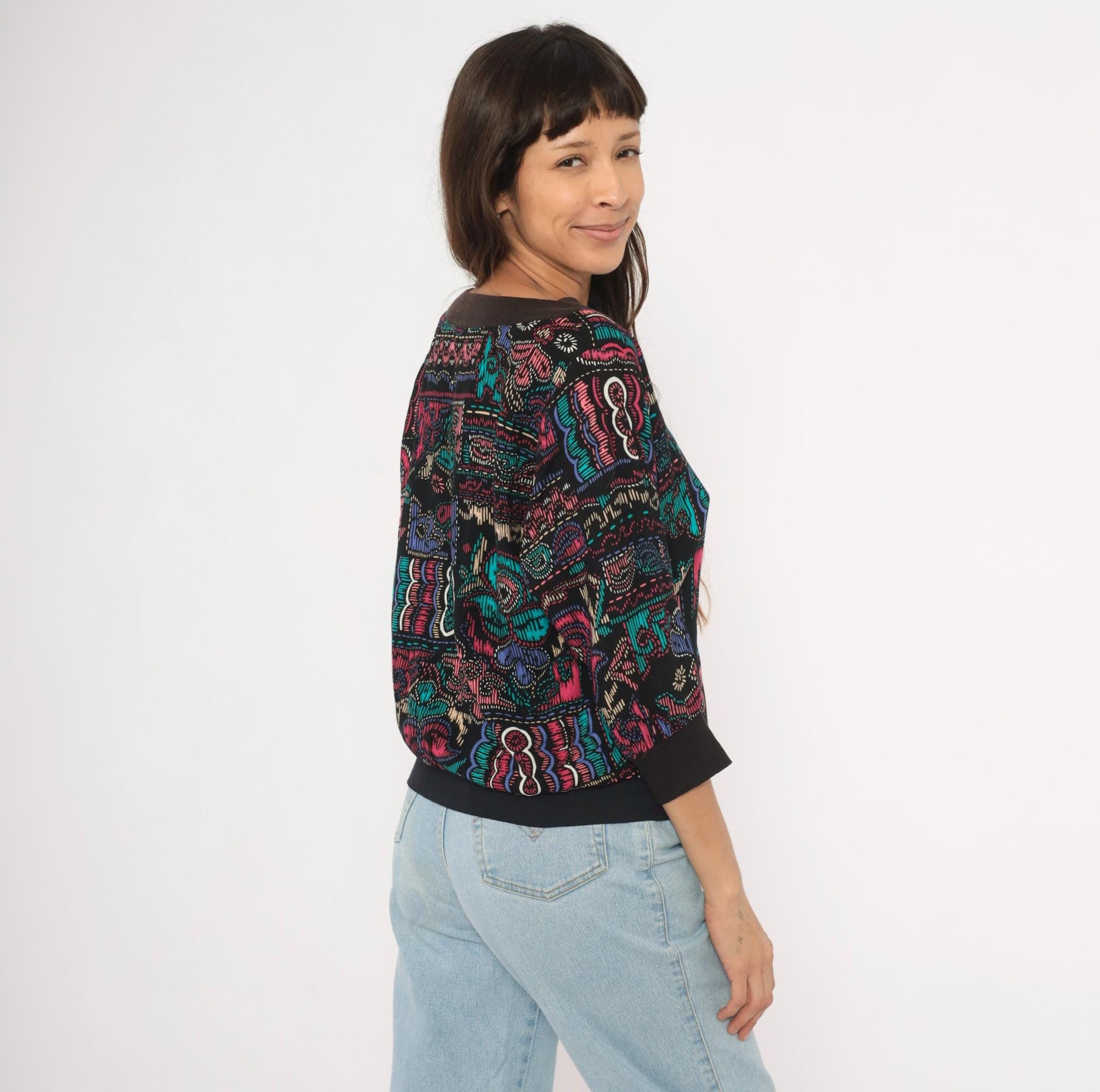 90s Abstract Pullover Blouse Boat Neck Teal Pink Black Graphic Medium M