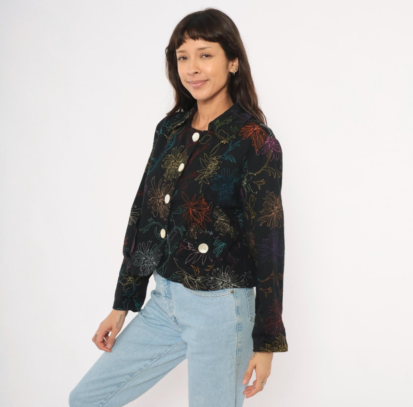 2000s Alex Kim Black Cropped Jacket Multicolor Floral Embroidery Large L