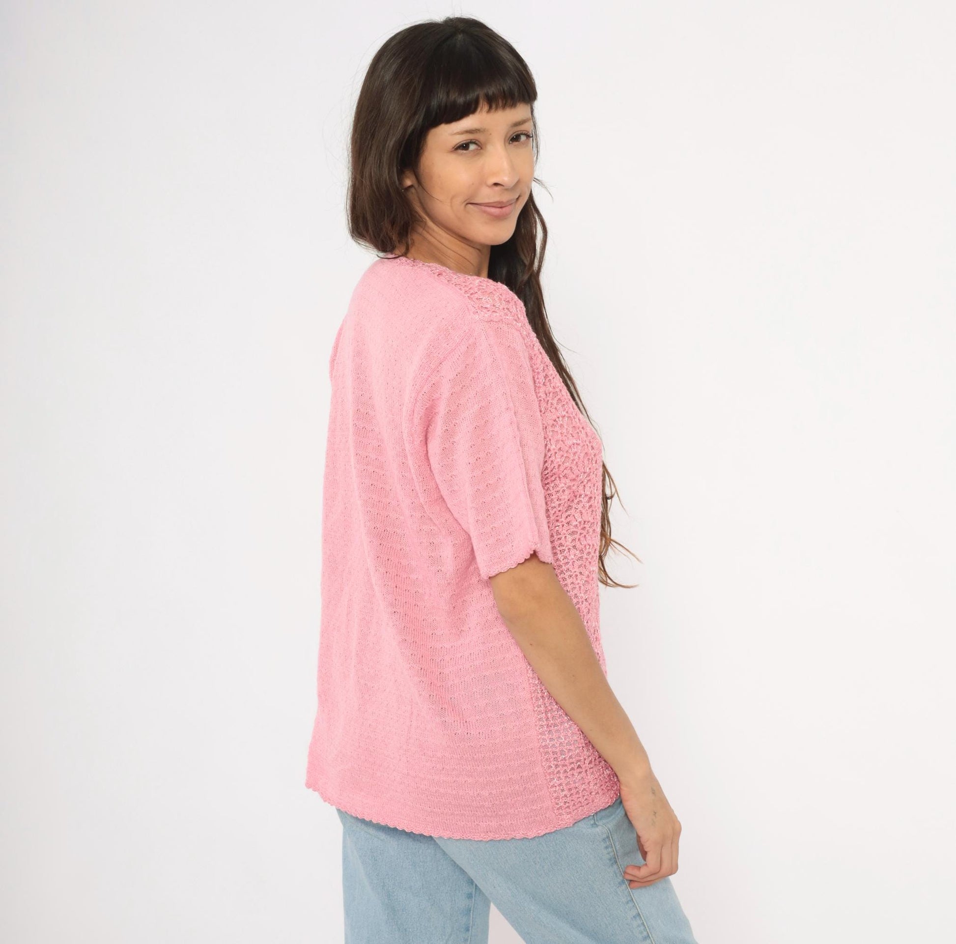 90s Jaclyn Smith Pink Crochet Cardigan V-Neck Scalloped Hem Large L
