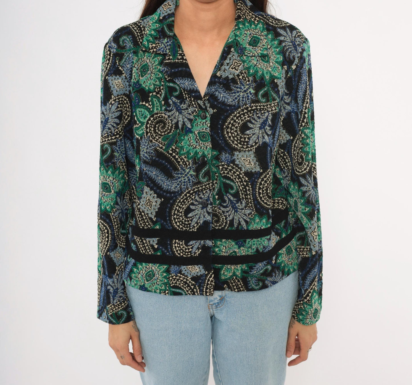 90s K Petite Paisley Blazer Emerald Green Navy Velvet Trim Cropped Large L