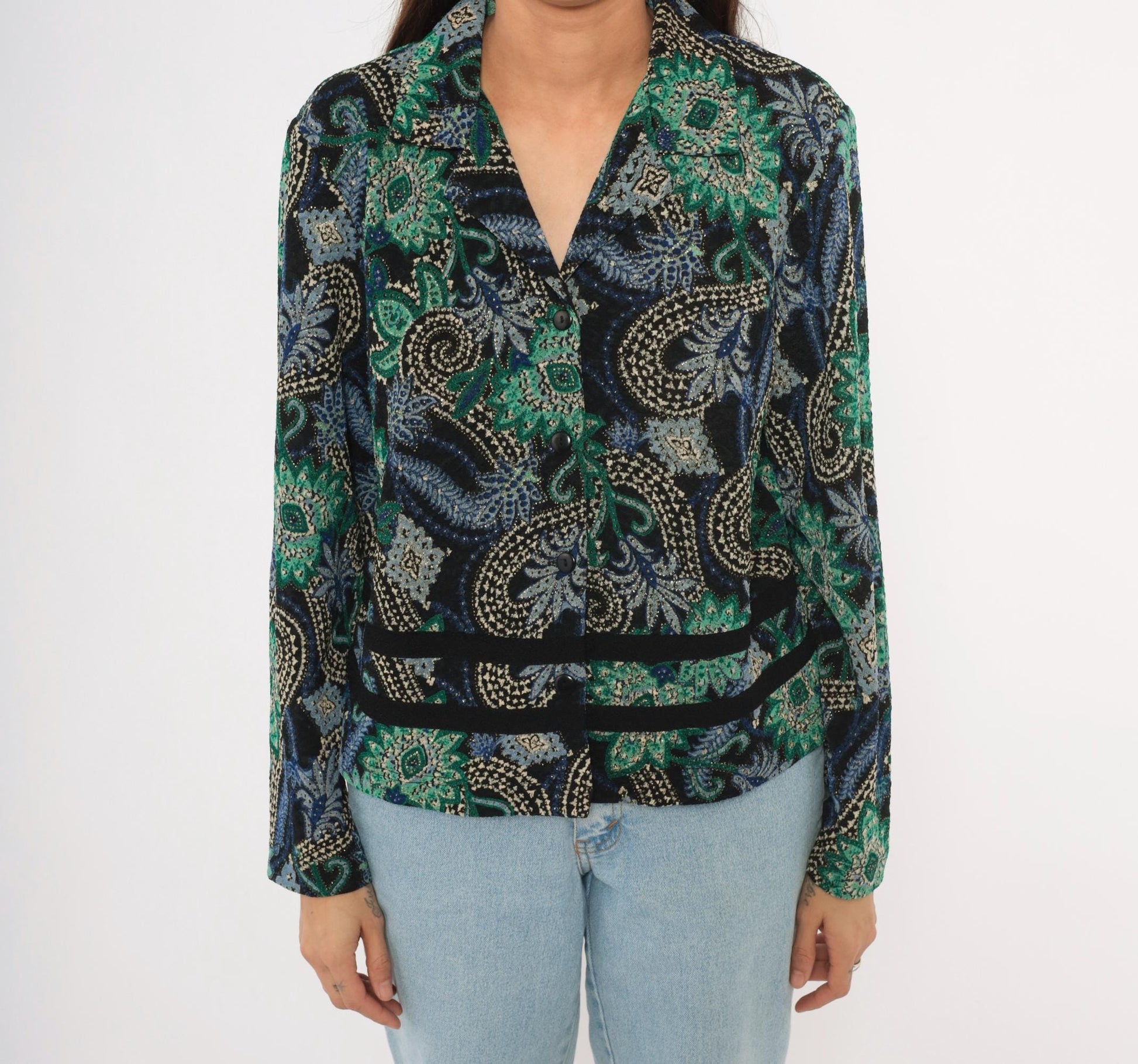90s K Petite Paisley Blazer Emerald Green Navy Velvet Trim Cropped Large L