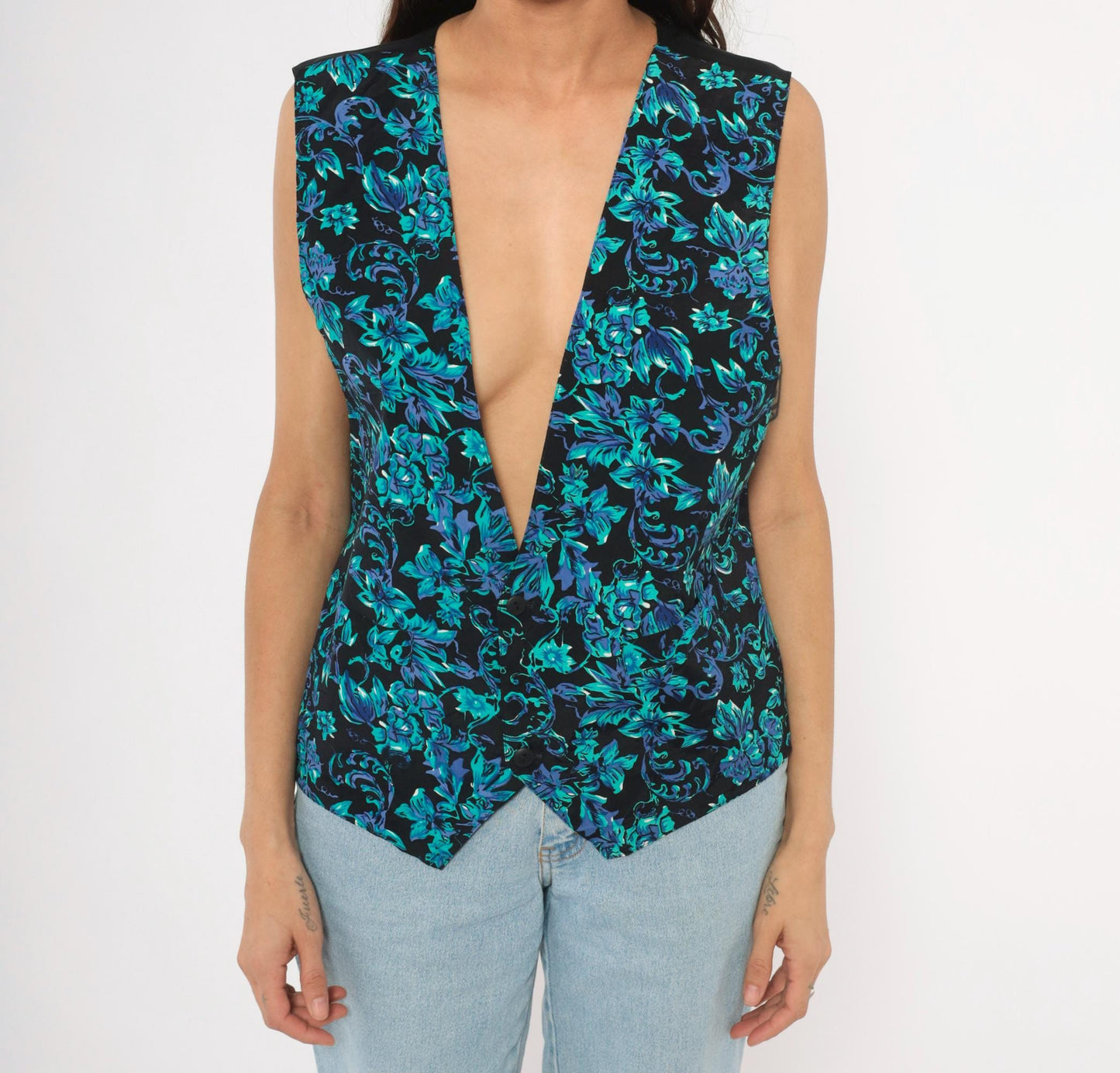 90s Floral Waistcoat Black Teal Purple Baroque Button Front Satin Back Medium M