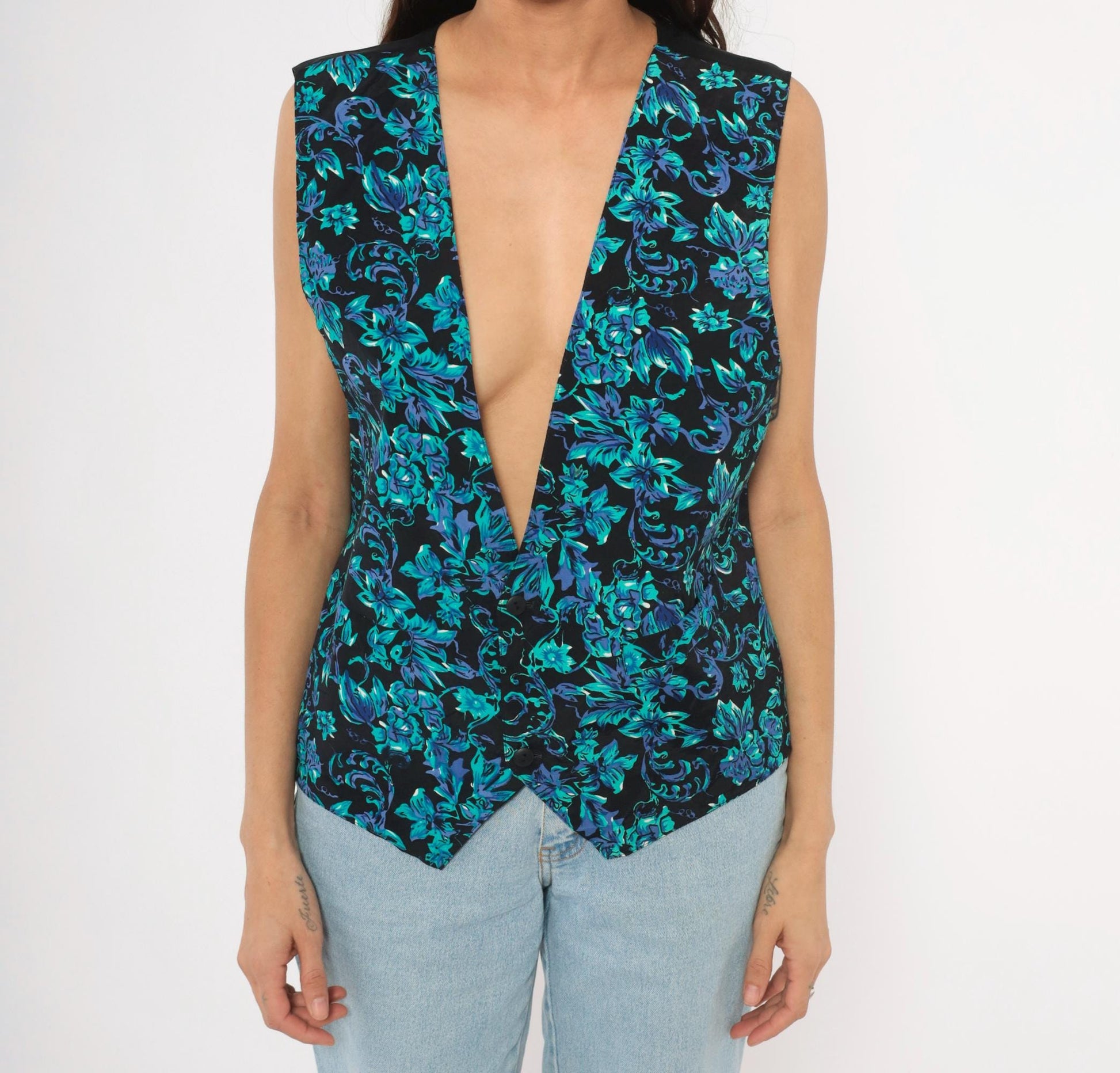90s Floral Waistcoat Black Teal Purple Baroque Button Front Satin Back Medium M
