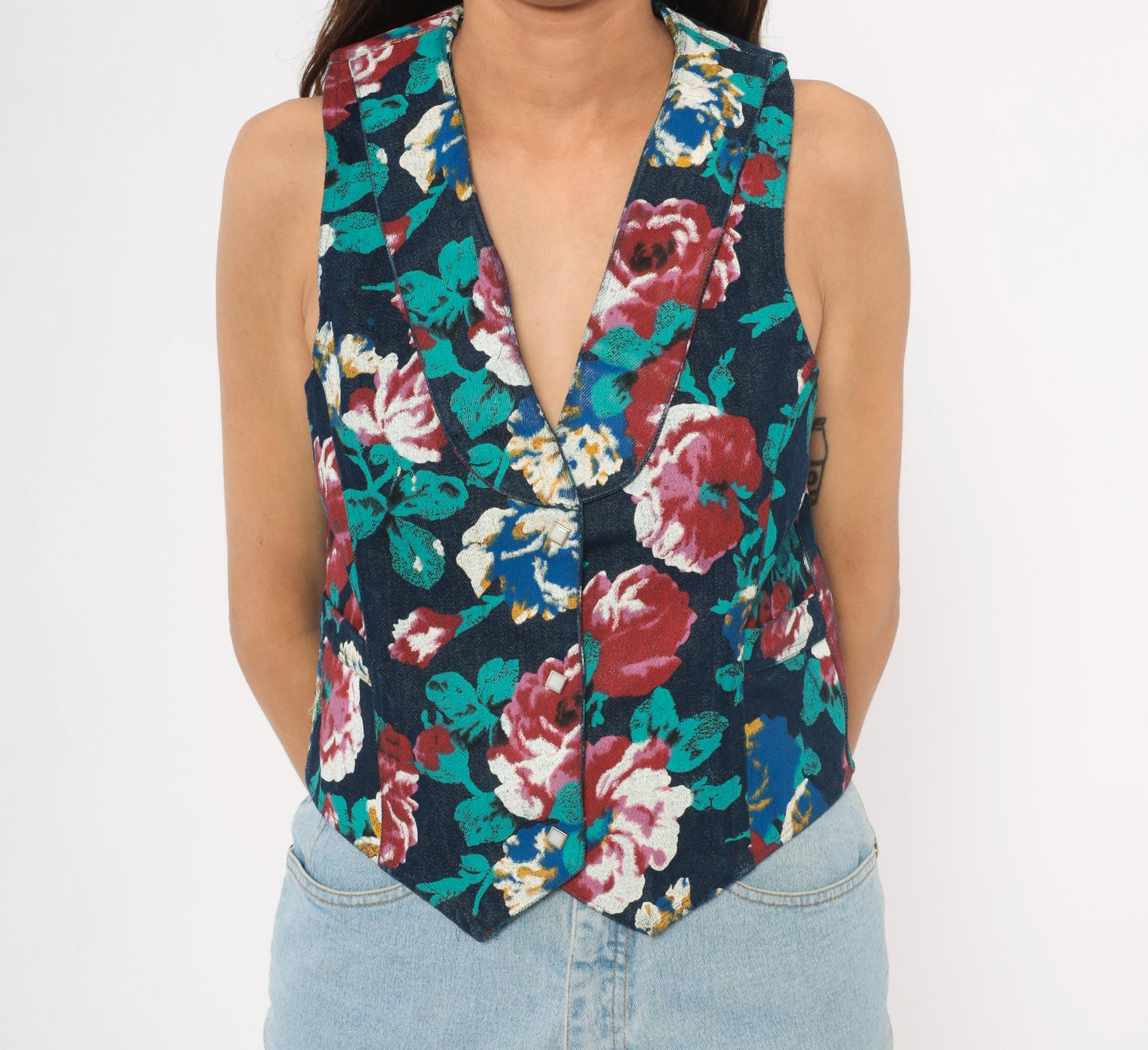 90s Tru-West Floral Denim Vest Navy Rose Teal V-Neck Pointed Hem Extra Small XS