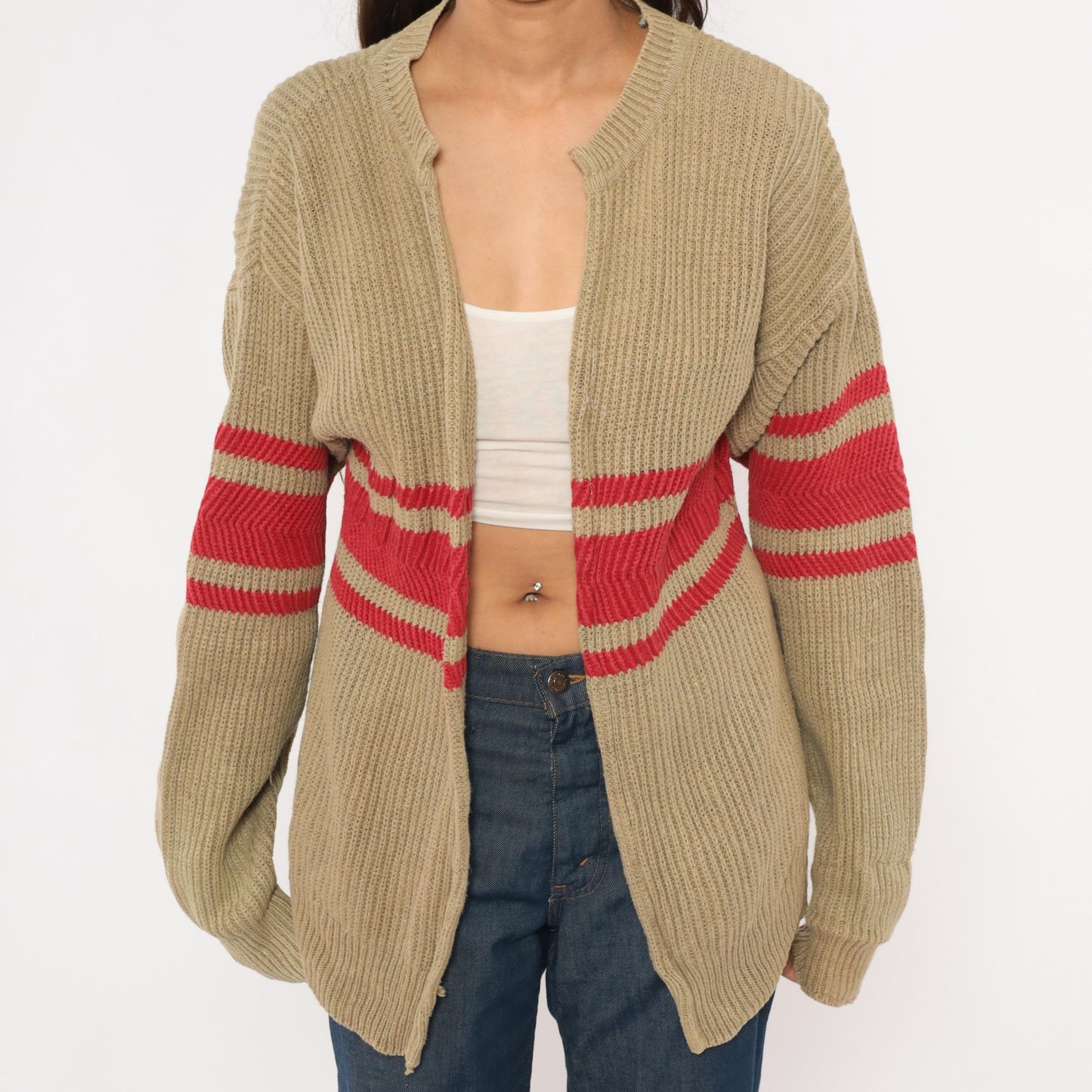 90s GAP Striped Cardigan Tan Red Ribbed Knit Open Front Medium M