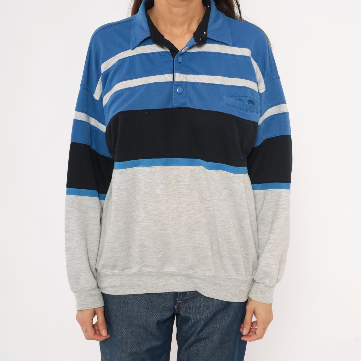 80s Knightsbridge Color Block Polo Sweatshirt Blue Striped Grey Small