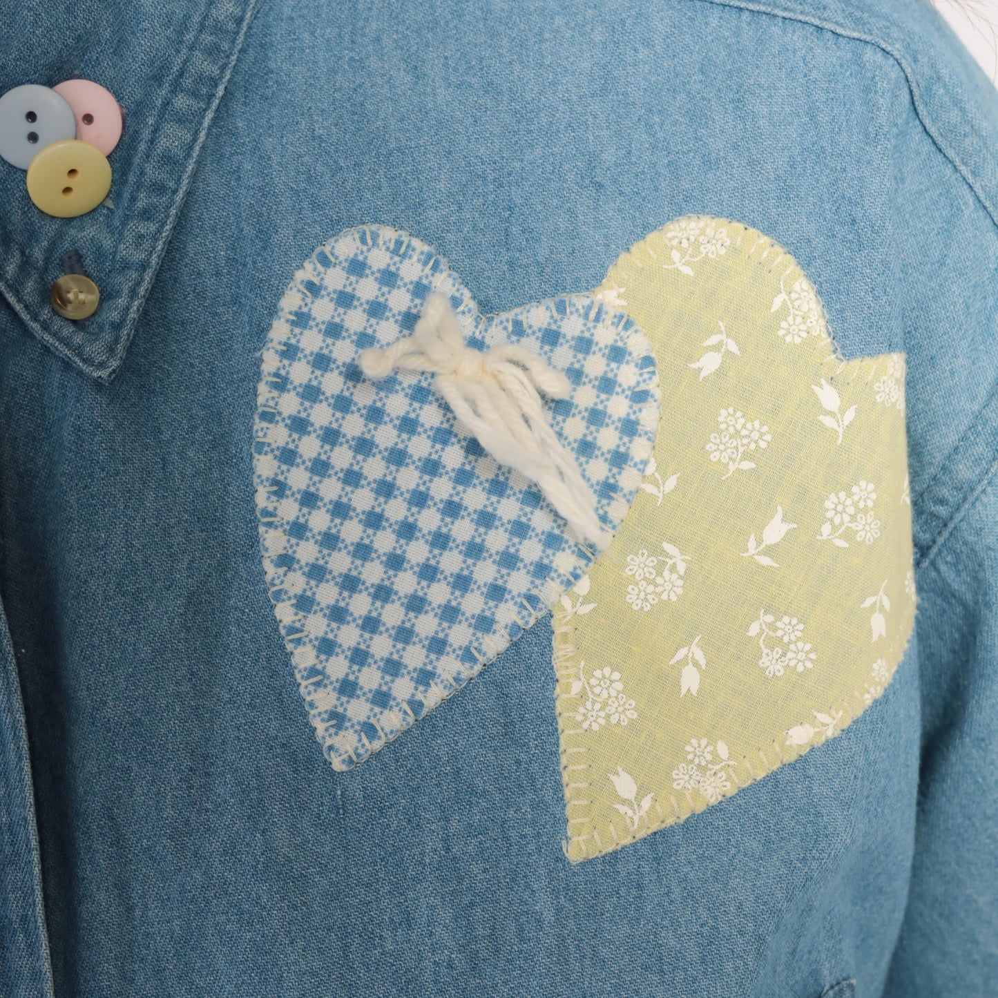 90s Satin Stitches Inc. Patchwork Heart Denim Shirt Light Wash Cotton Medium