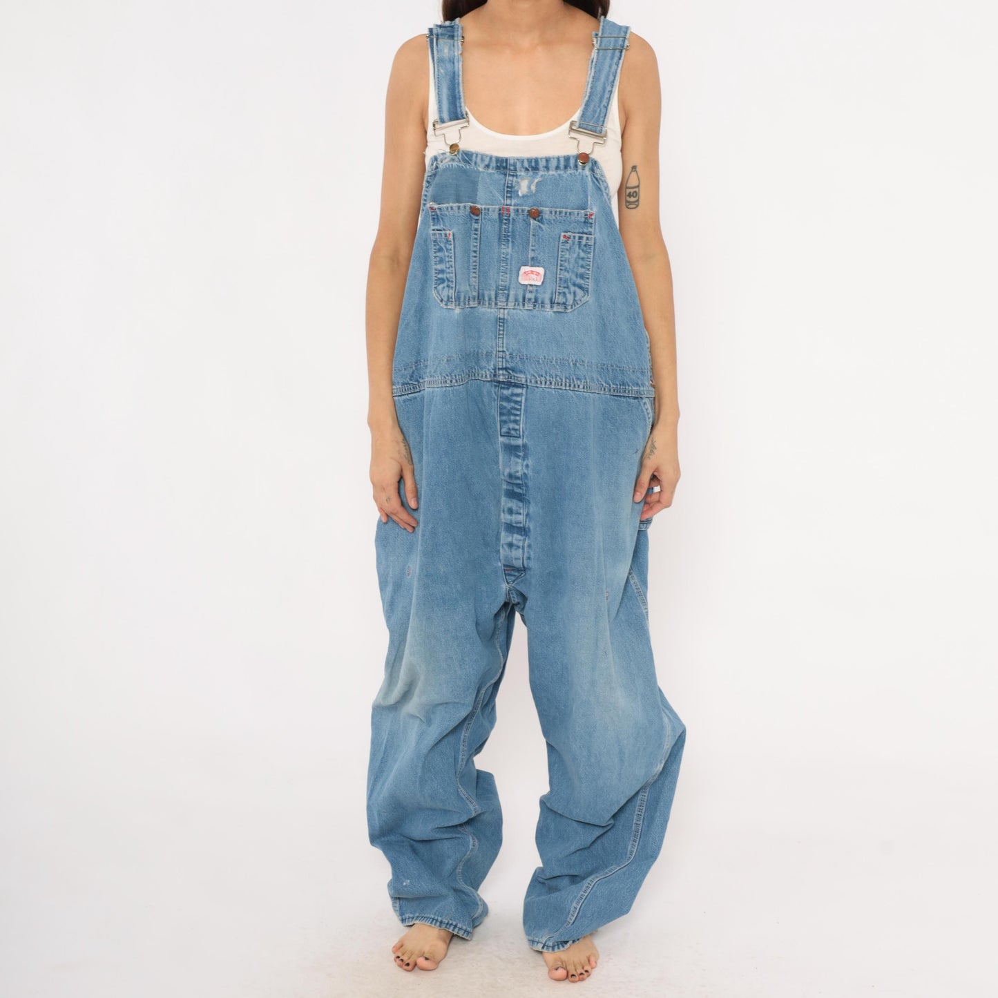 90s Light Wash Denim Bib Overalls Baggy Carpenter Distressed Plus Size XXL