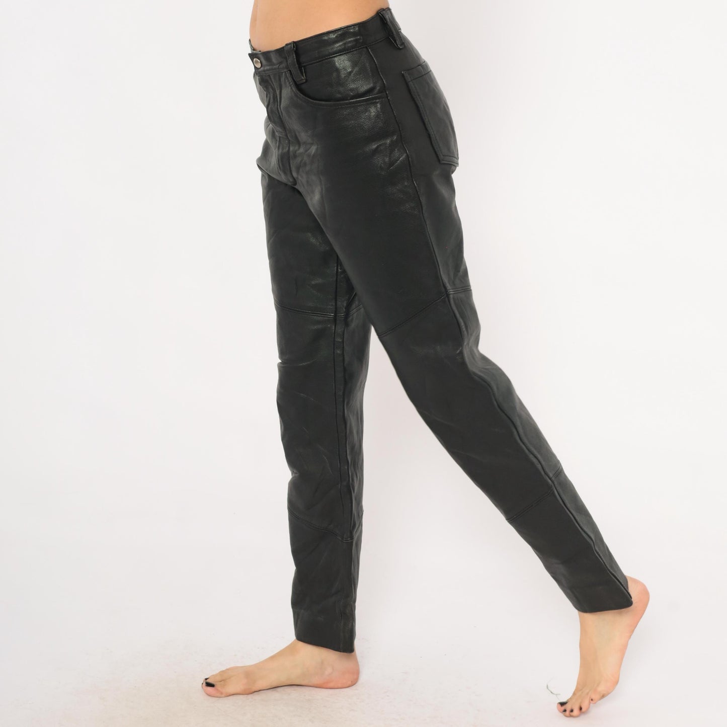 90s Berman's Black Leather Pants Straight Leg Moto Paneled Medium M