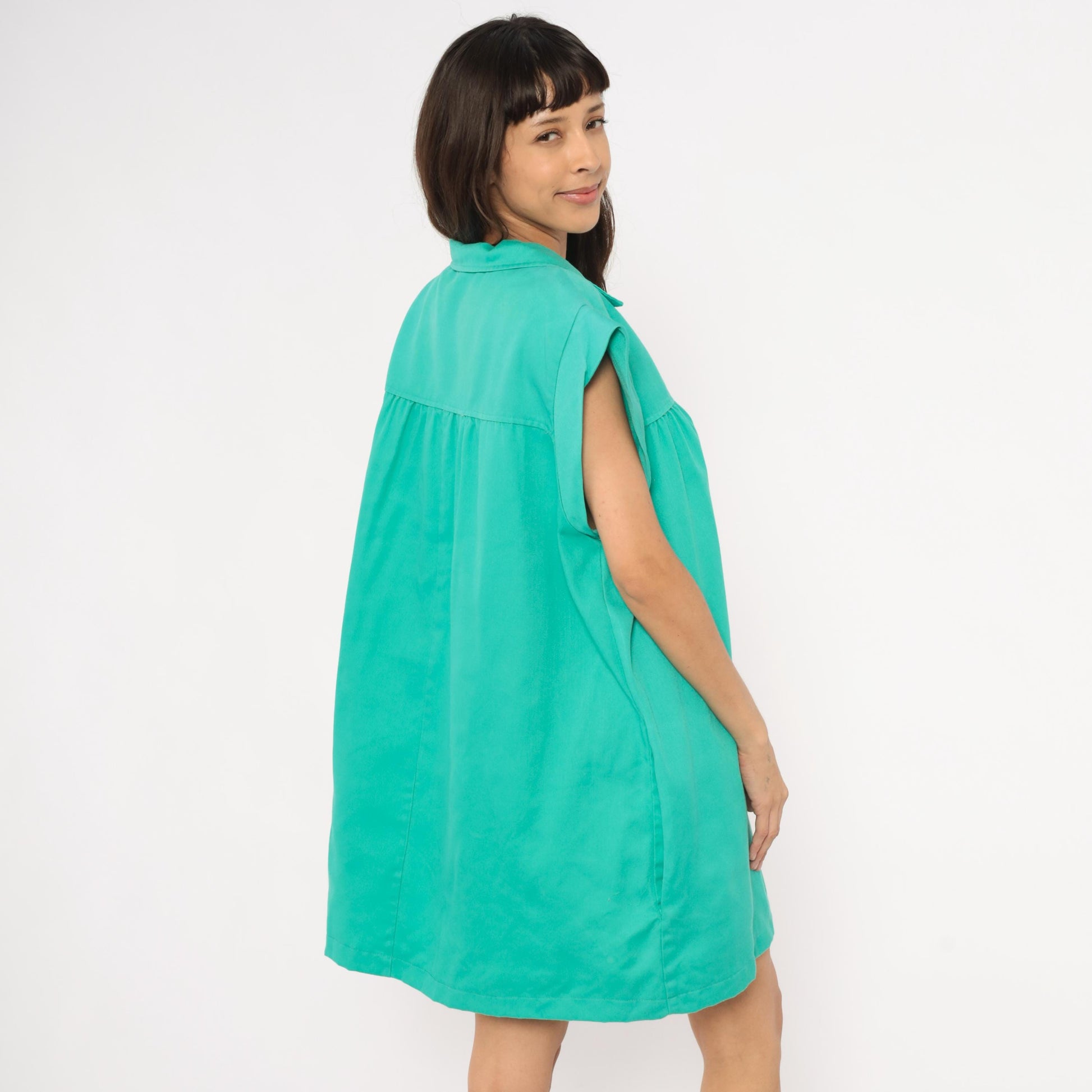 70s Truly Yours Teal Shift Dress Cap Sleeve Mini Cotton Aqua Large XL