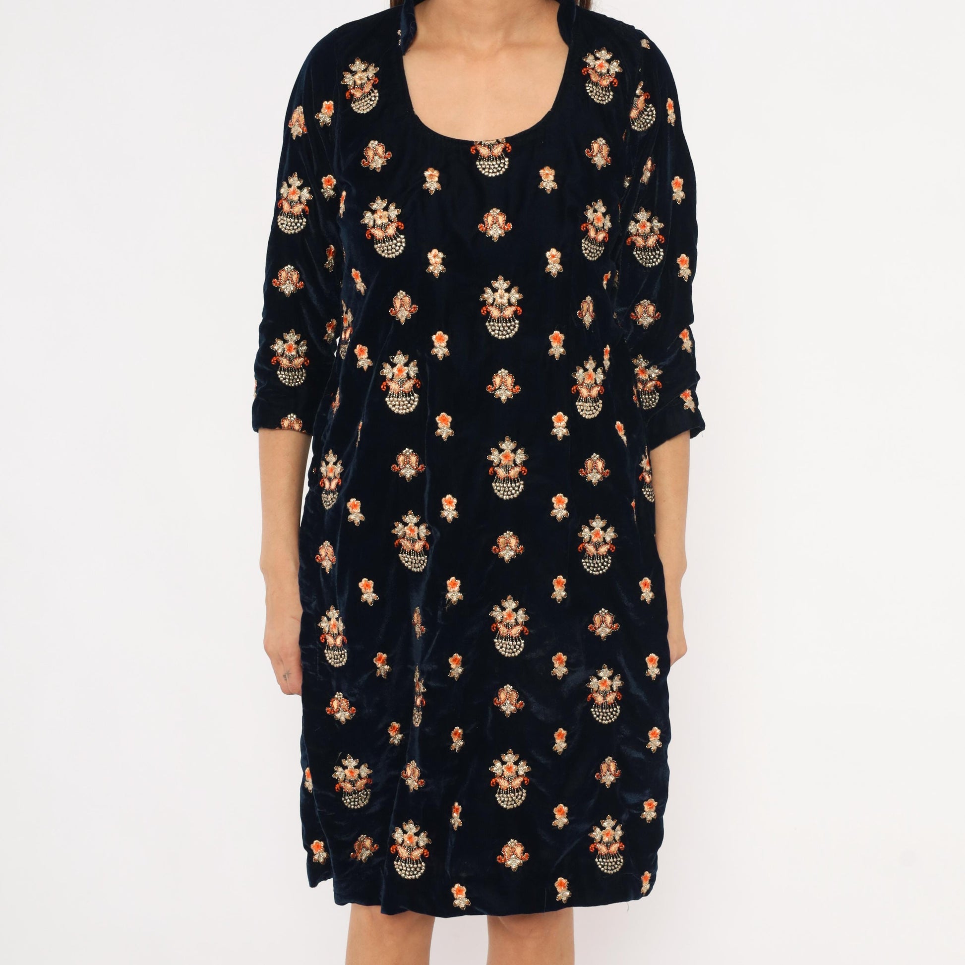 90s Navy Velvet Shift Dress Embroidered Floral Beaded Gold Orange Medium