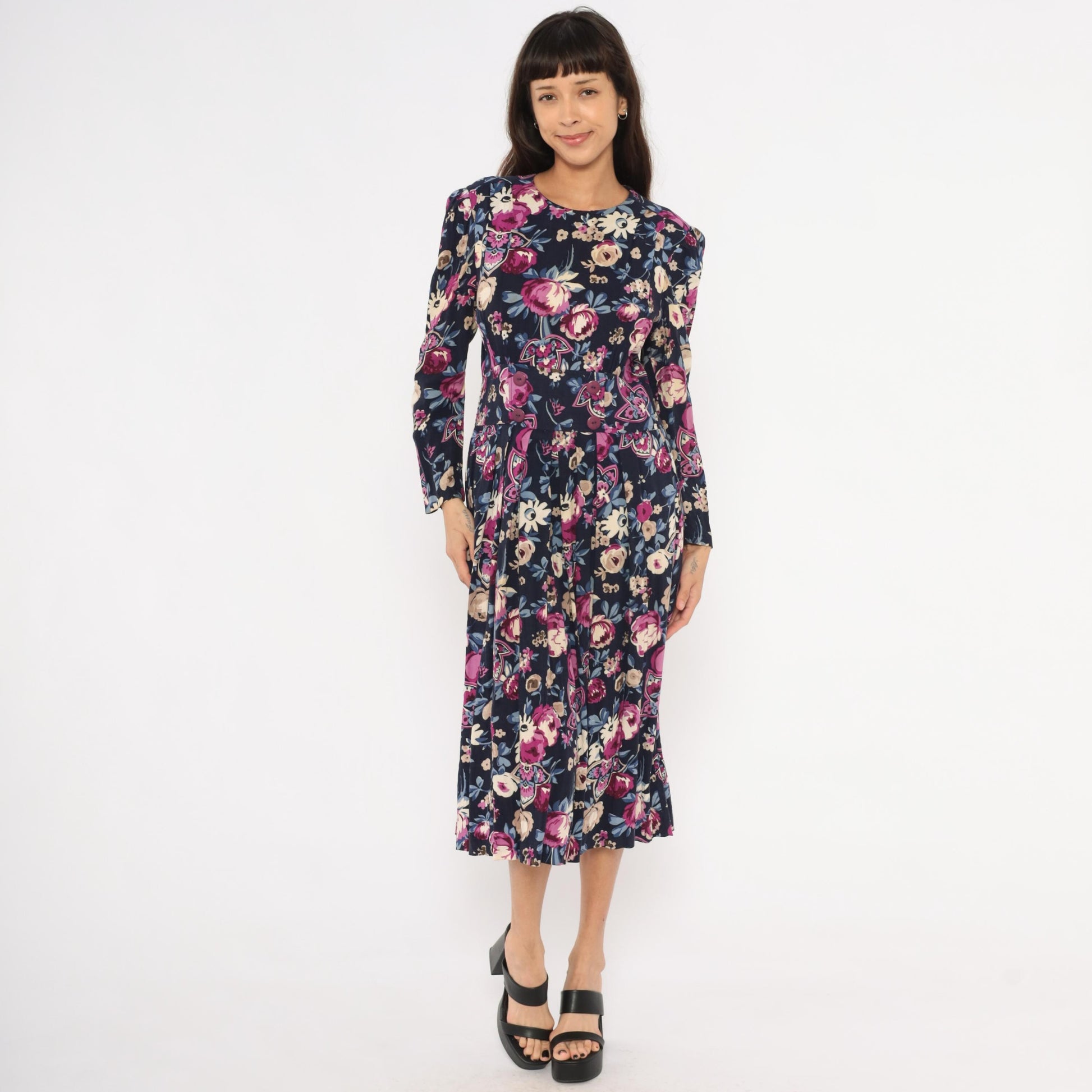 80s Karin Stevens Floral Midi Dress Navy Puff Sleeve Pleated Medium M