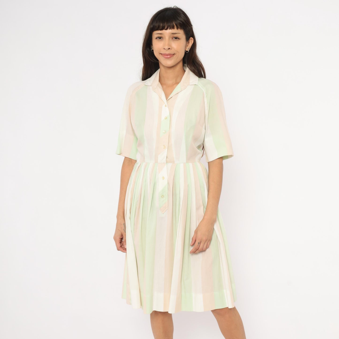 60s Pastel Striped Shirtdress Mint Green Pink Button Front Knee Length Medium