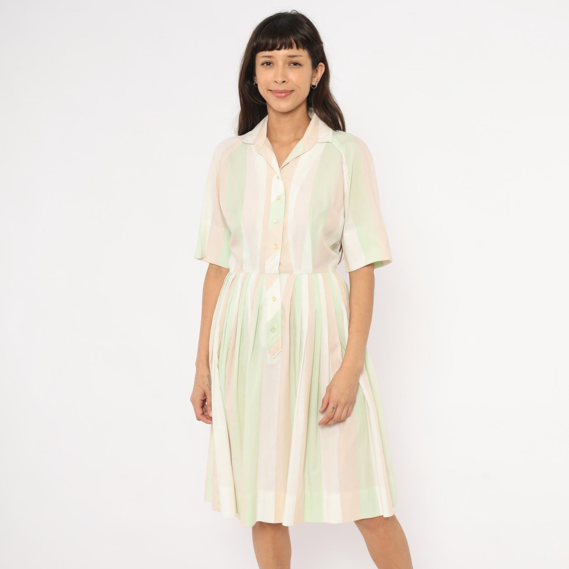 60s Pastel Striped Shirtdress Mint Green Pink Button Front Knee Length Medium