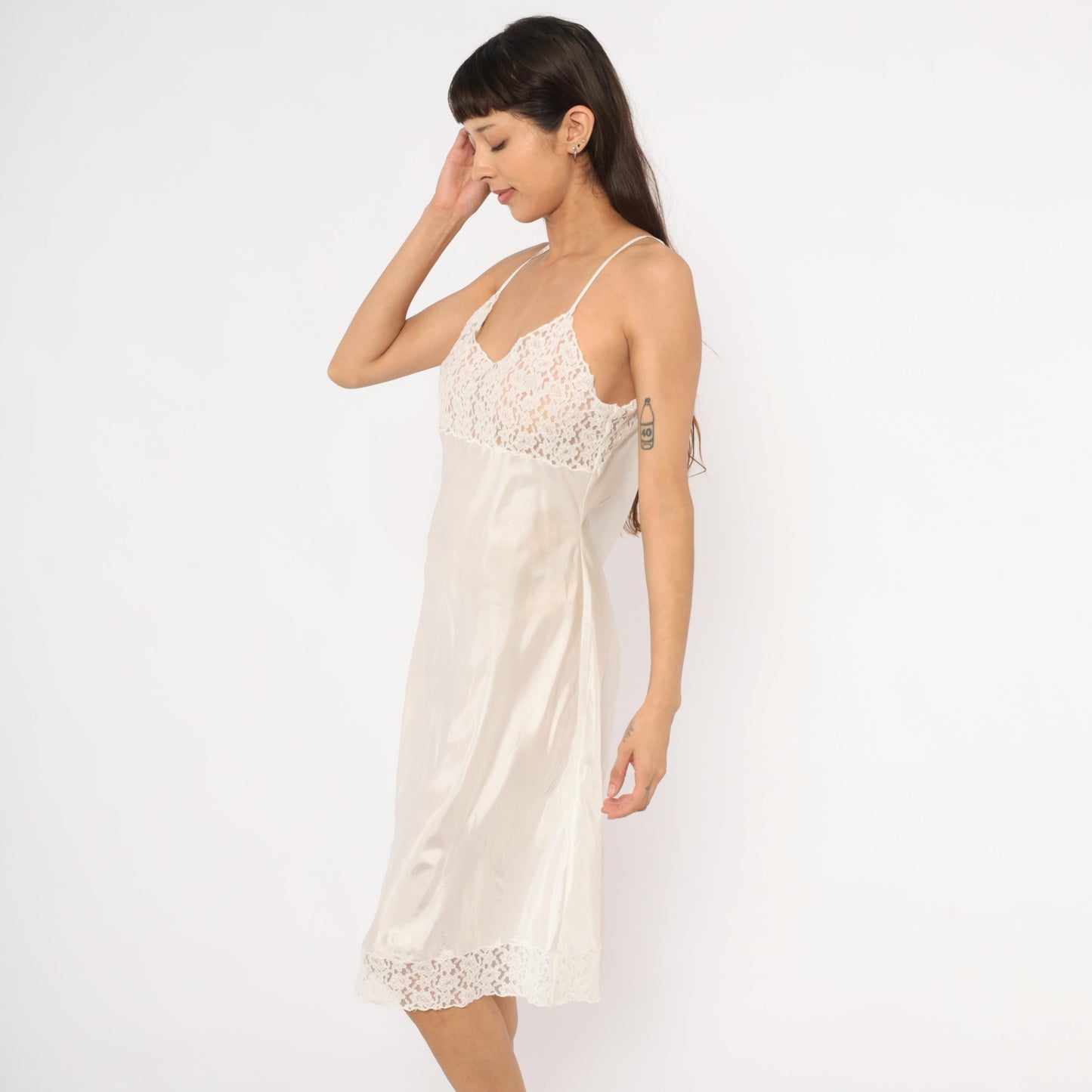 2000s April Cornell White Satin Slip Dress Floral Lace Bodice Knee Length Large L