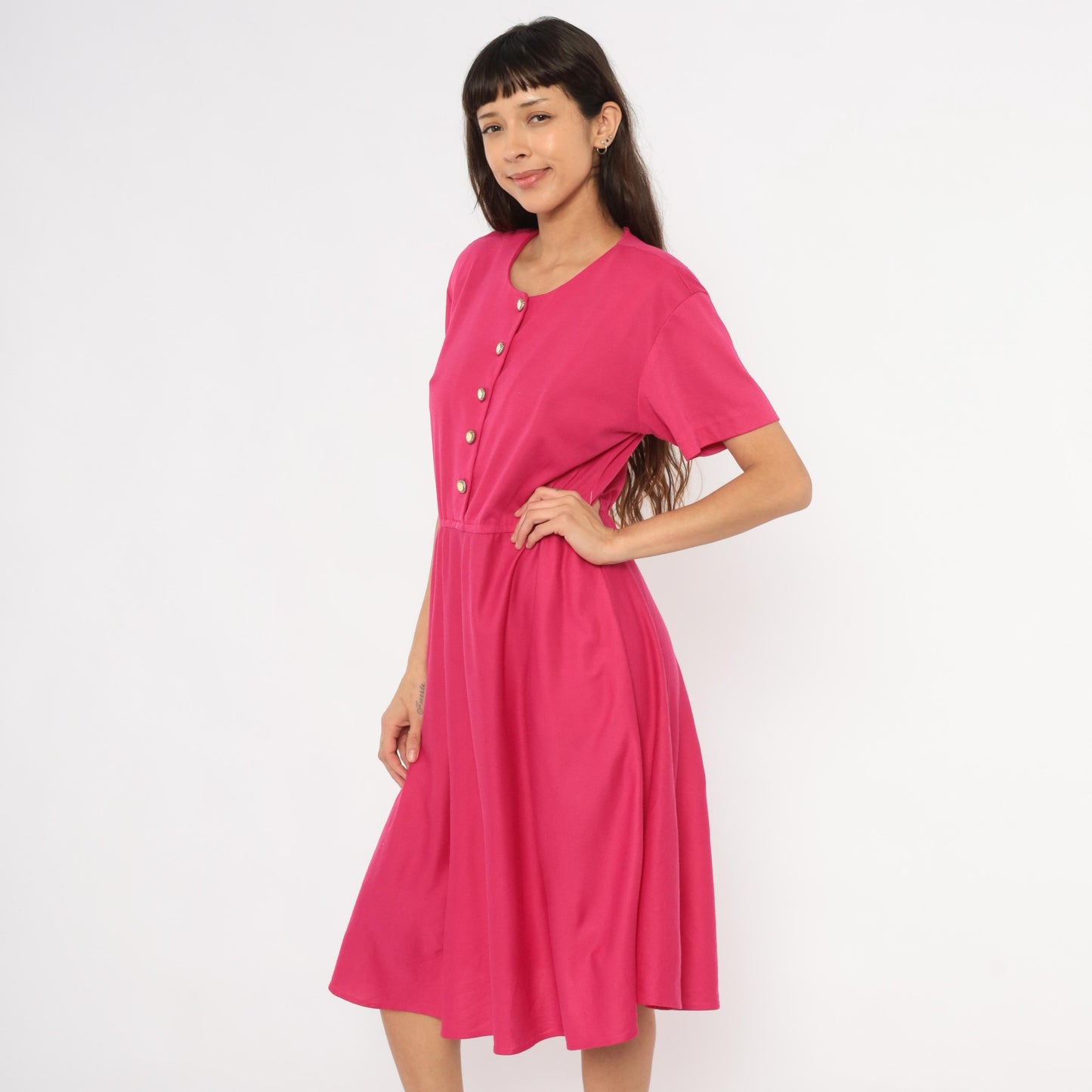 80s Fuchsia Button-Front Midi Dress Gold Buttons Gathered Waist Small