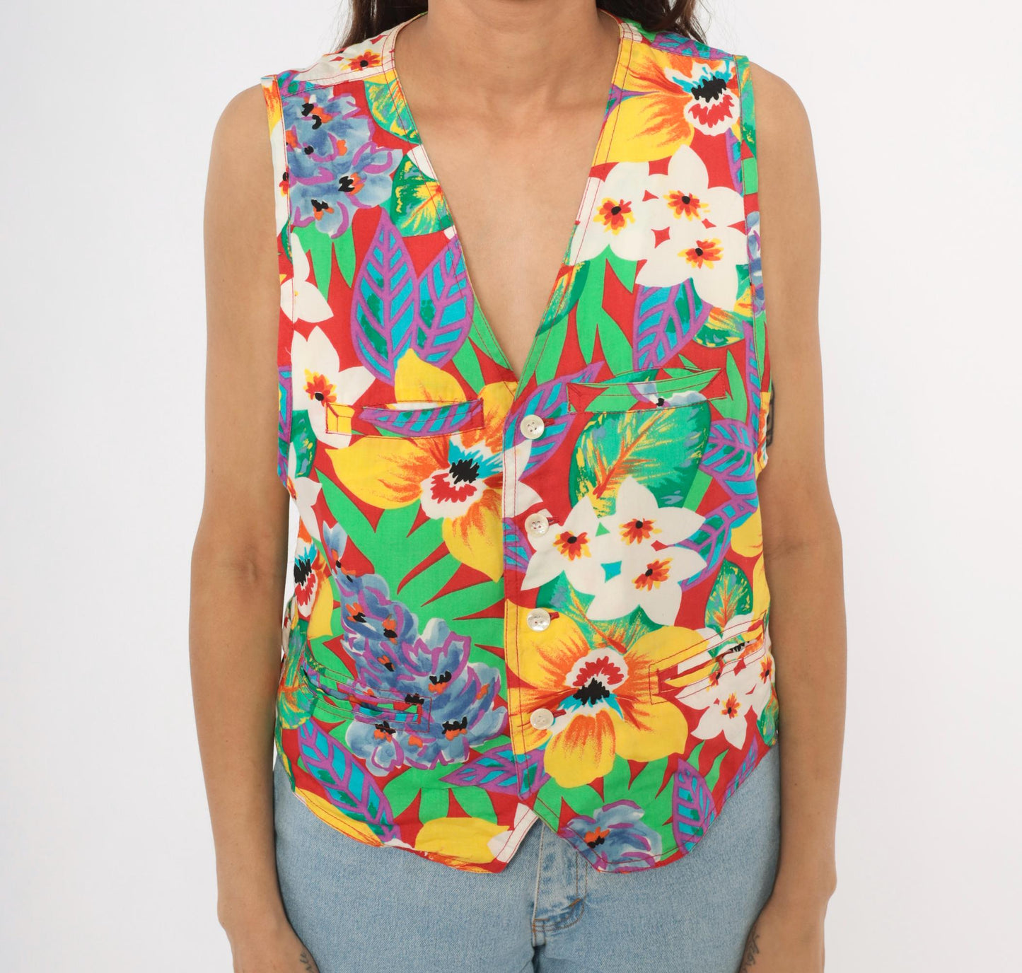 90s Lizwear Tropical Floral Vest Red Hibiscus Button Front V-Neck Medium M