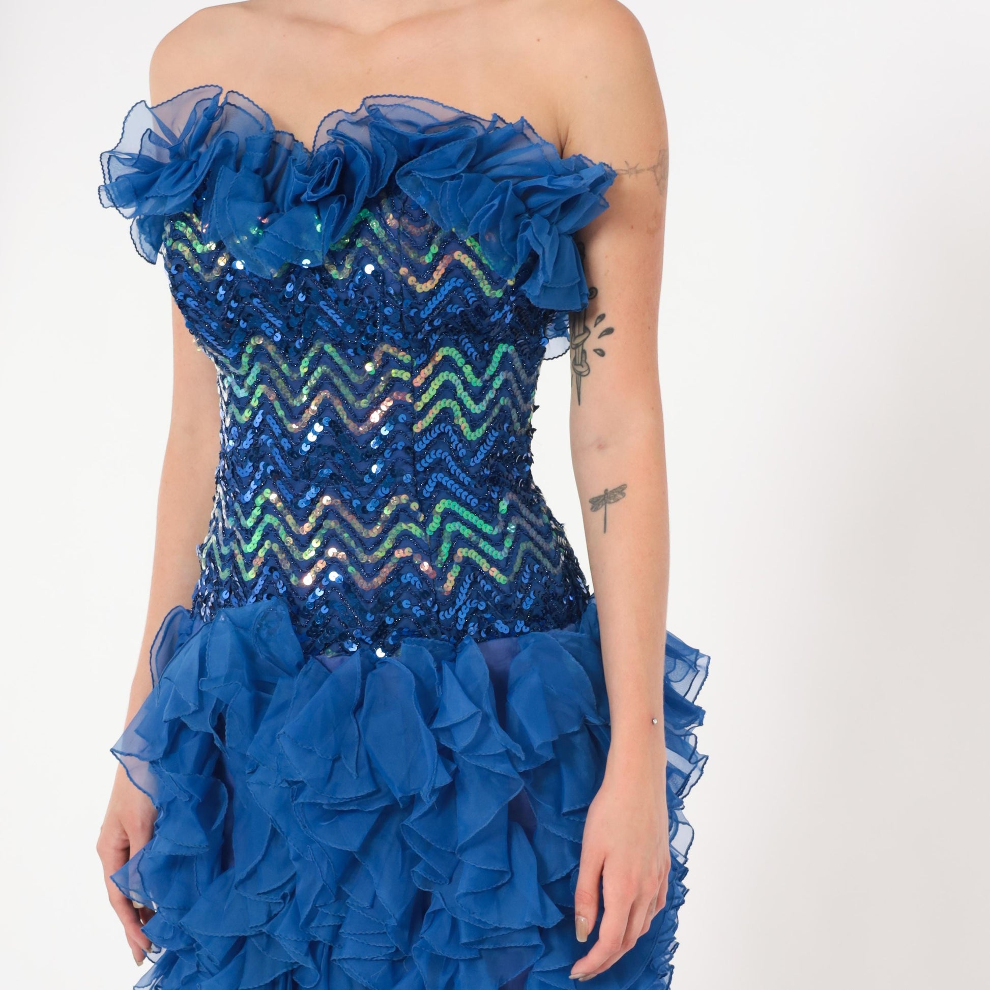 80s Cobalt Sequin Strapless Dress Chevron Sweetheart Corset Ruffle Extra Small XS