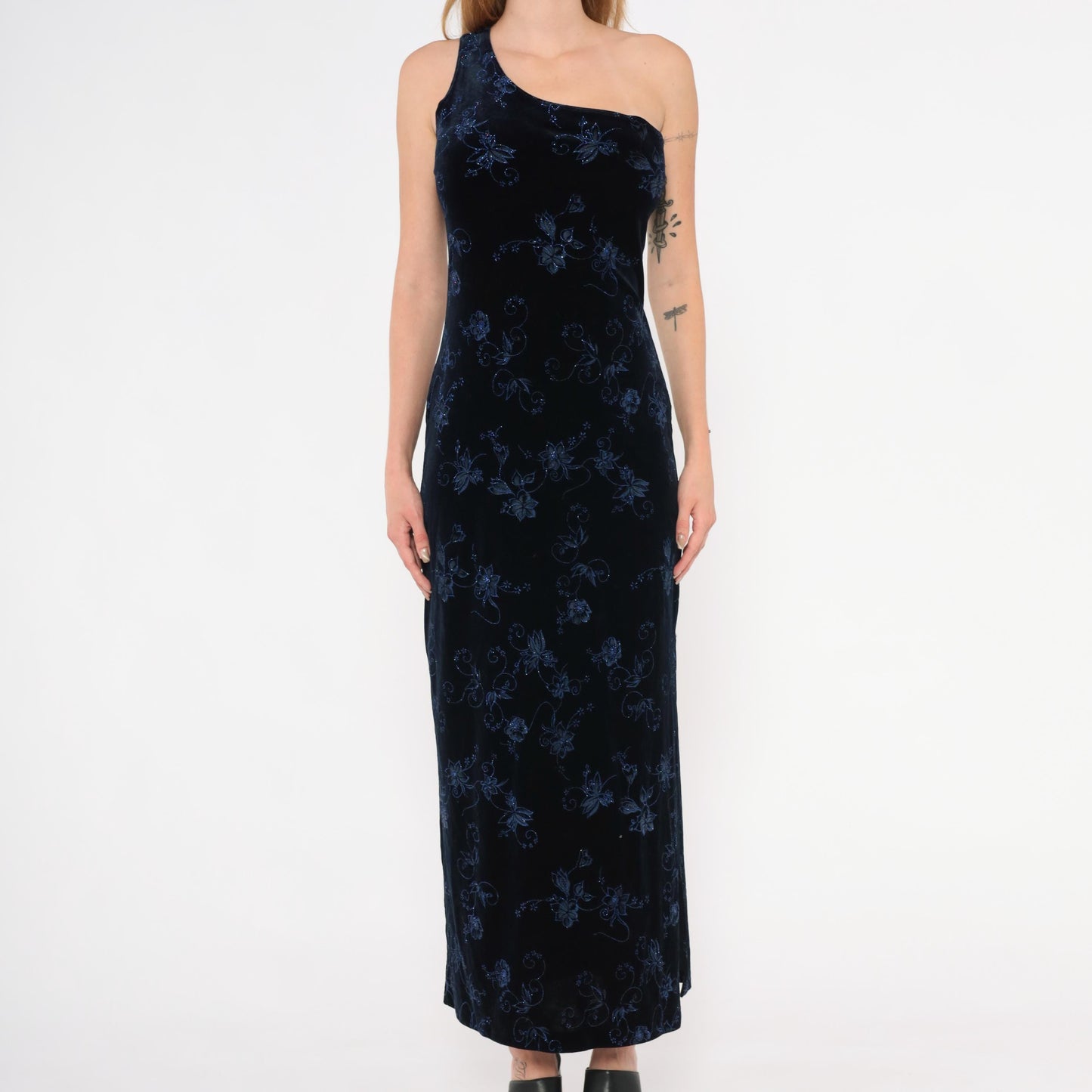 90s Pulse Navy Velvet Maxi Gown One-Shoulder Glitter Floral Asymmetric Slit Large L