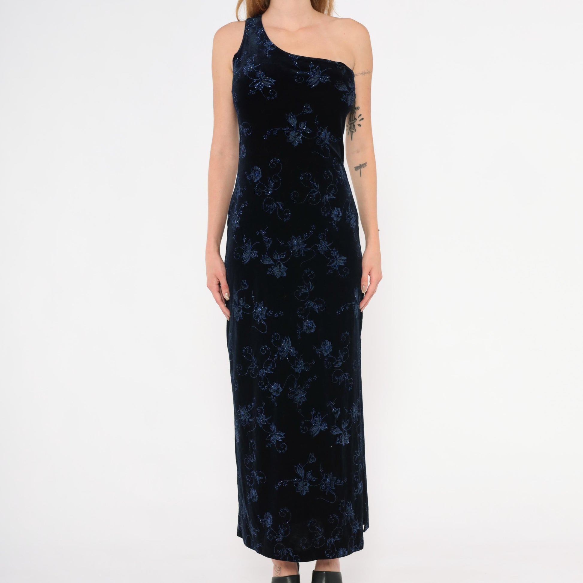 90s Pulse Navy Velvet Maxi Gown One-Shoulder Glitter Floral Asymmetric Slit Large L