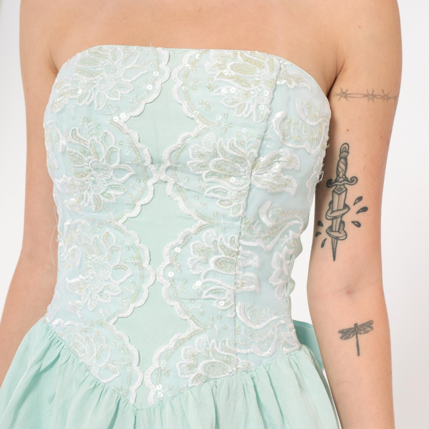 Gunne Sax 80s Mint Strapless Dress Sequin Lace Sweetheart Neckline Knee Length Extra Small XS
