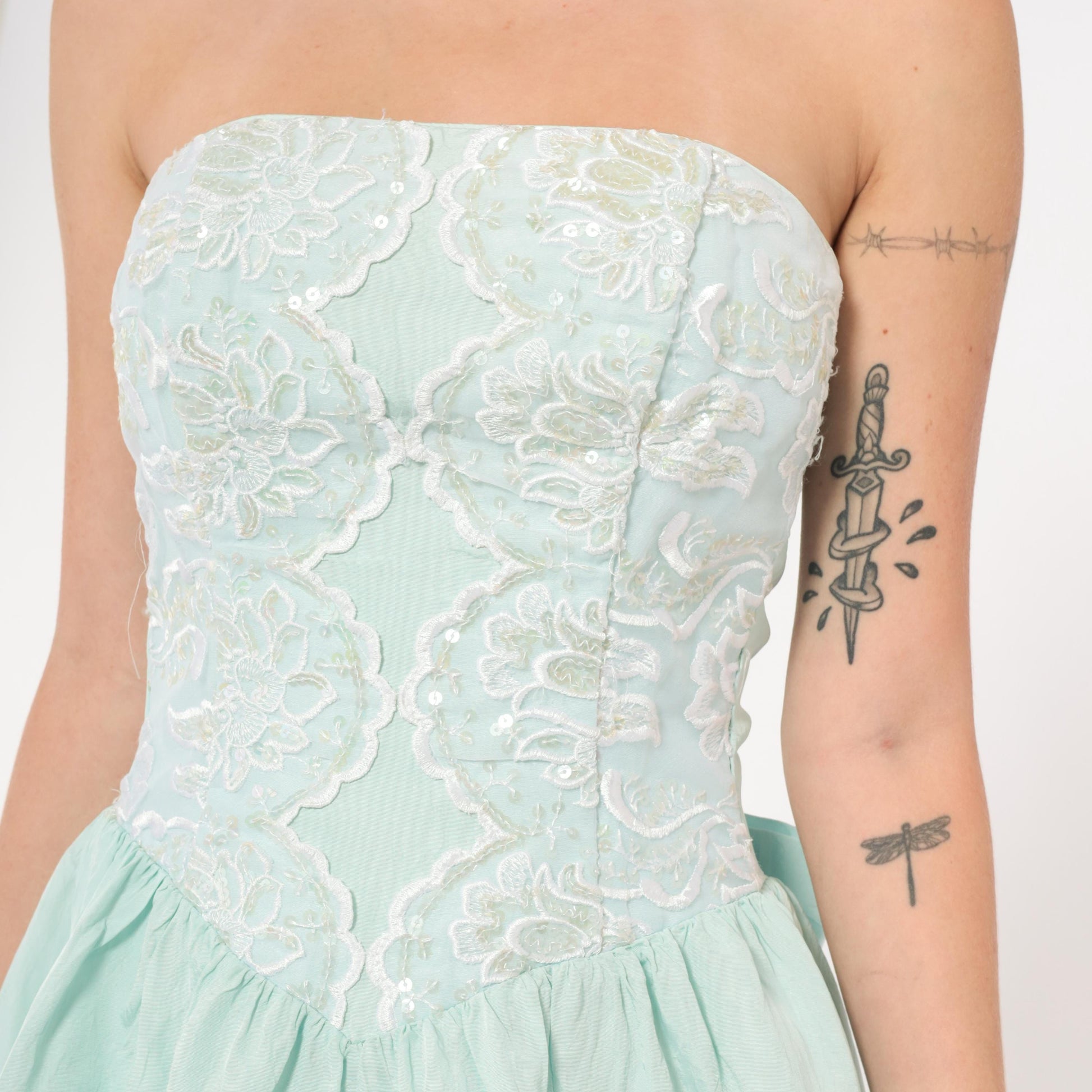 Gunne Sax 80s Mint Strapless Dress Sequin Lace Sweetheart Neckline Knee Length Extra Small XS