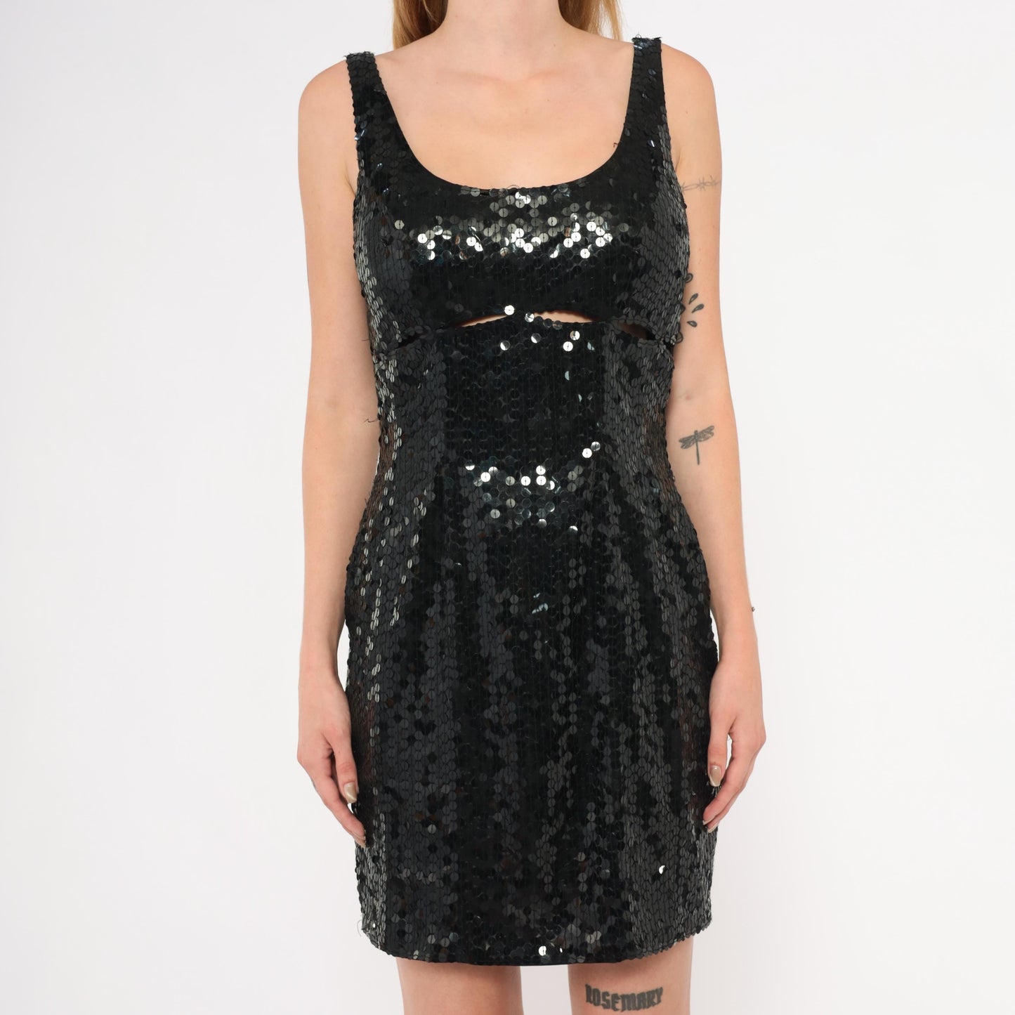 90s Niteline Black Sequin Mini Dress Cutout Waist Scoop Neck Medium M