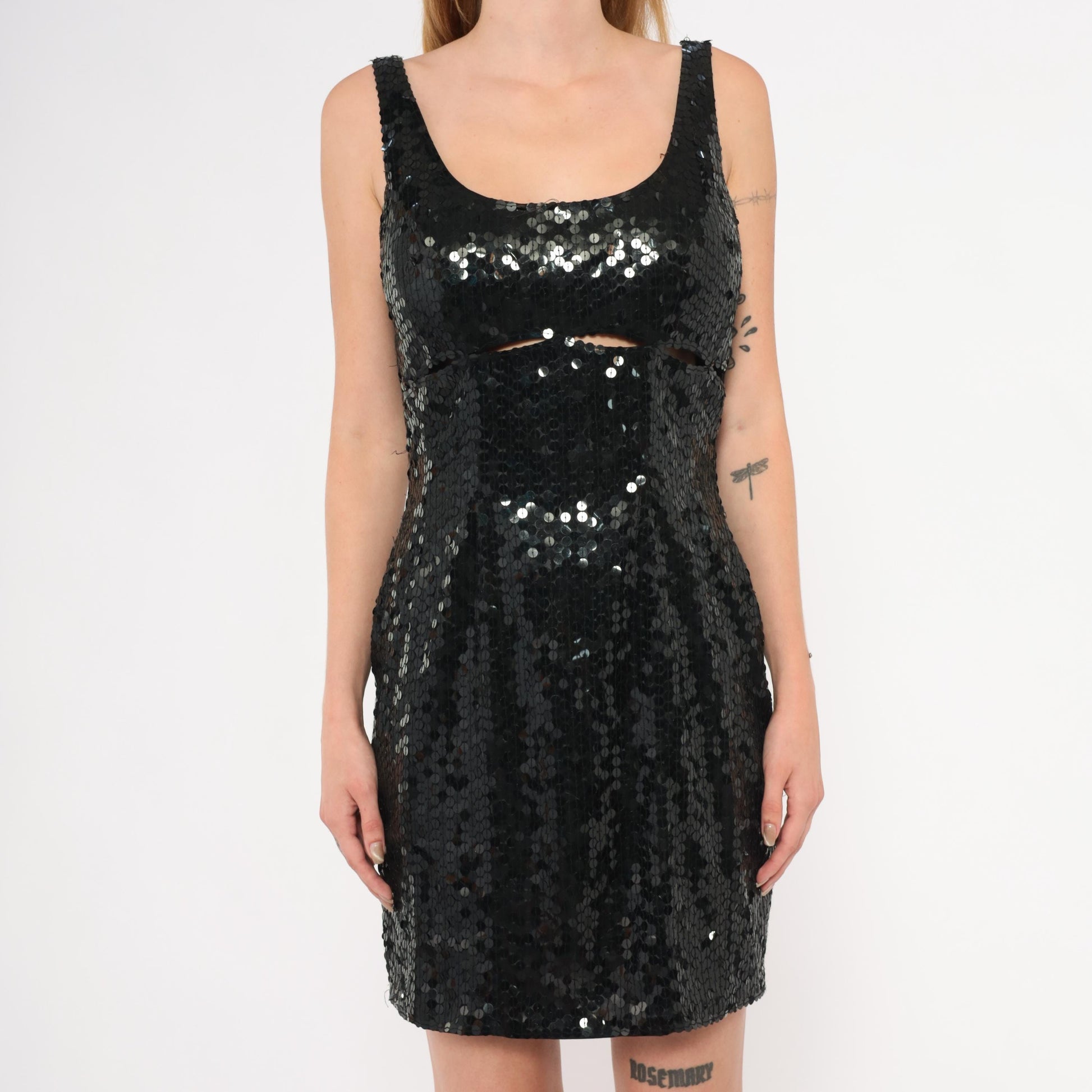 90s Niteline Black Sequin Mini Dress Cutout Waist Scoop Neck Medium M