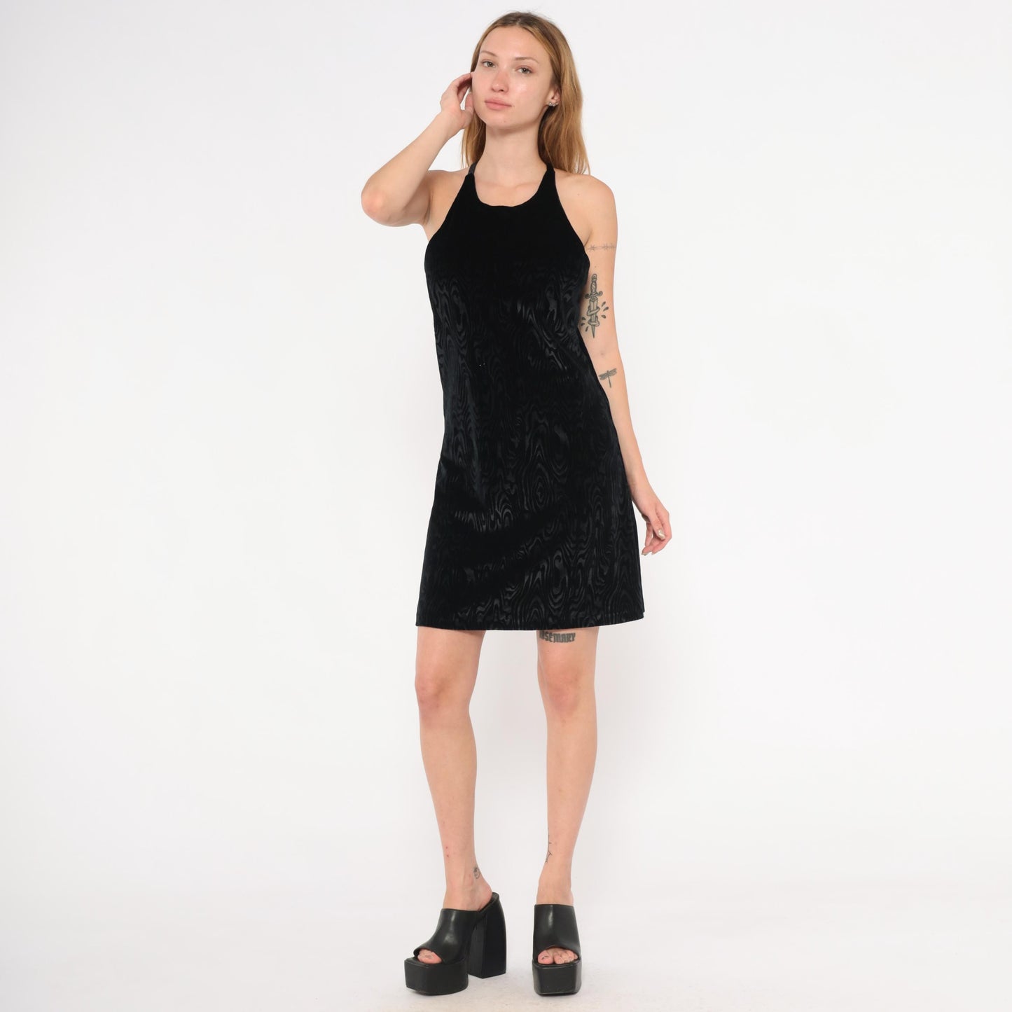 90s Mimosa Black Velvet Halter Mini Dress Swirl Pattern Small
