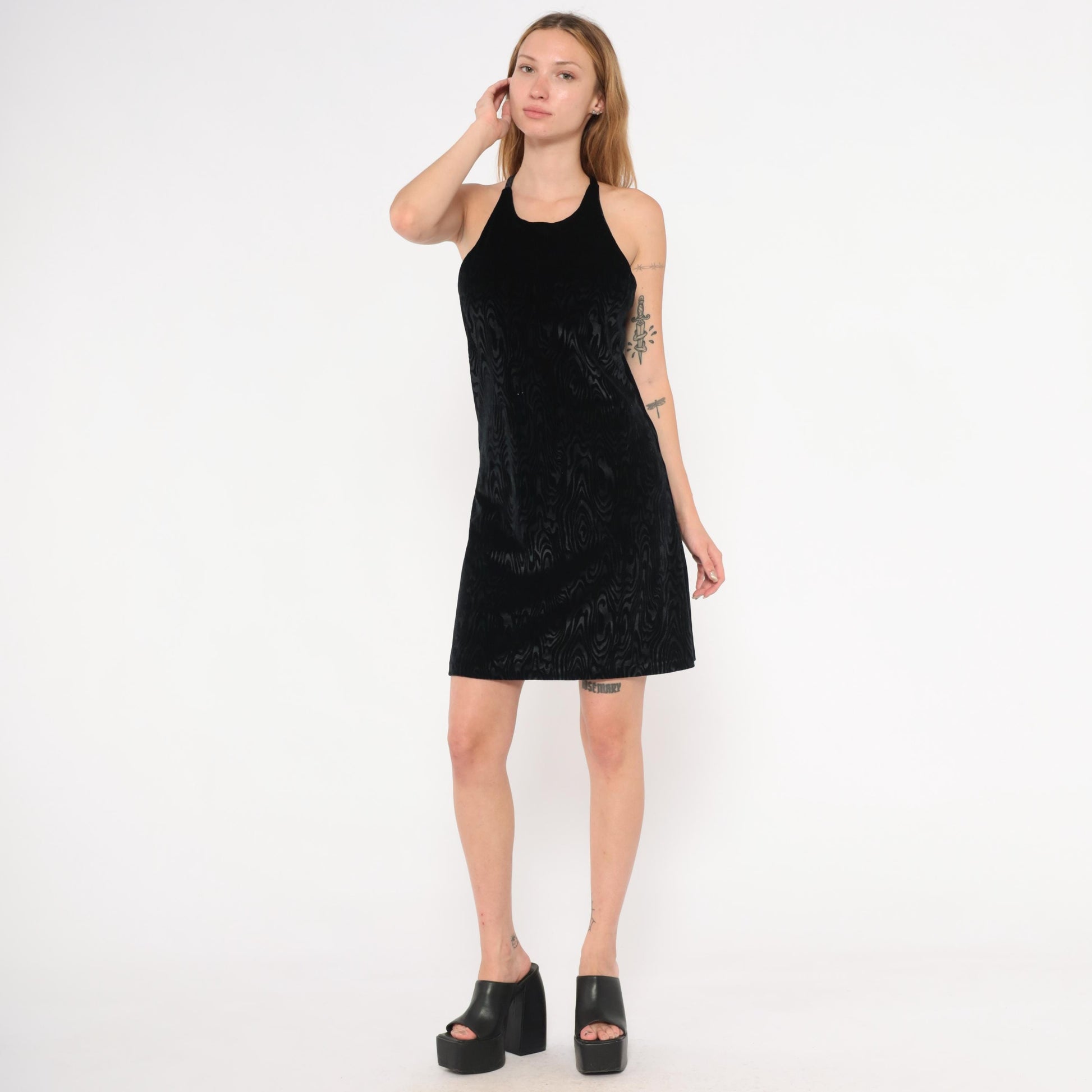 90s Mimosa Black Velvet Halter Mini Dress Swirl Pattern Small