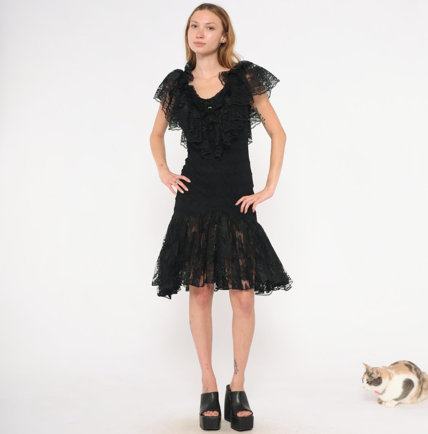 90s Lou Gene's Black Lace Dress Flutter Sleeve Open Back Knee-Length Small S