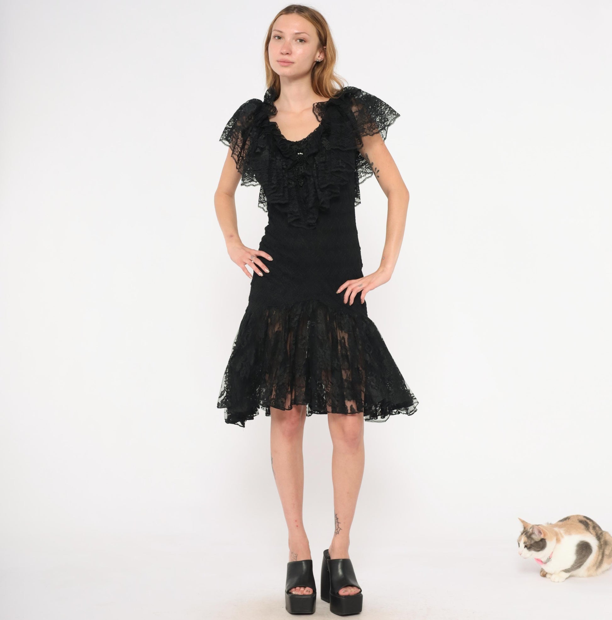 90s Lou Gene's Black Lace Dress Flutter Sleeve Open Back Knee-Length Small S